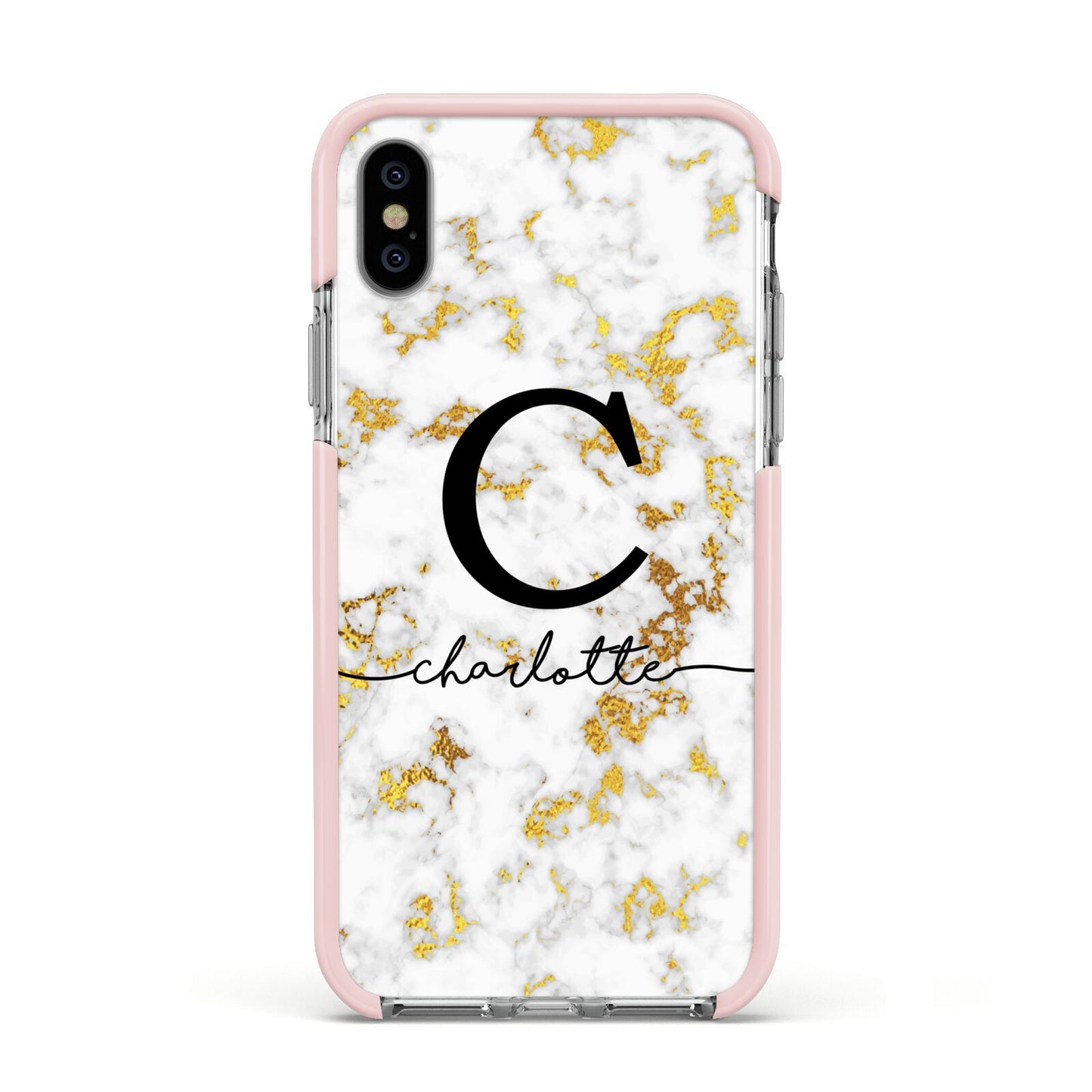 Initialled White Gold Marble with Name Apple iPhone Xs Impact Case Pink Edge on Silver Phone