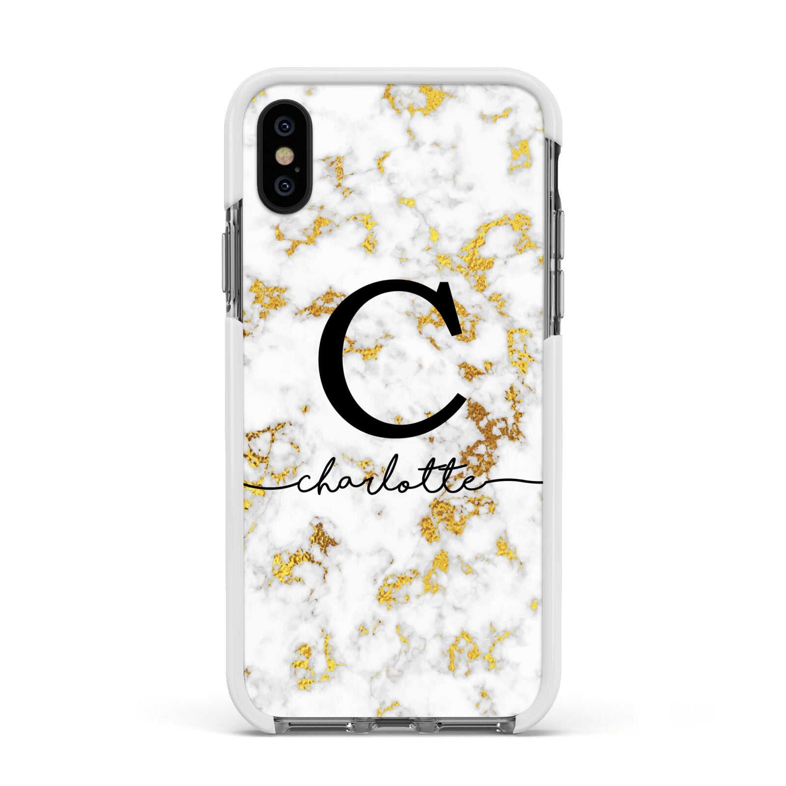 Initialled White Gold Marble with Name Apple iPhone Xs Impact Case White Edge on Black Phone