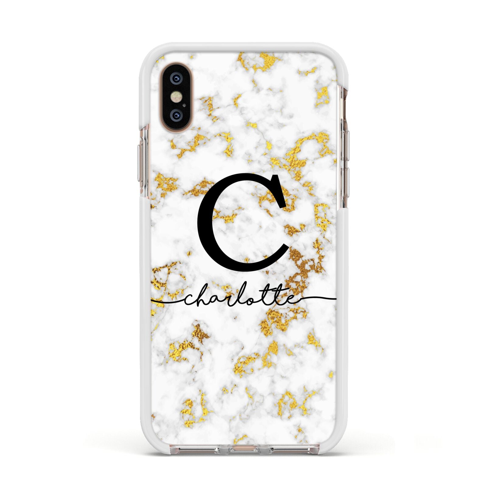 Initialled White Gold Marble with Name Apple iPhone Xs Impact Case White Edge on Gold Phone