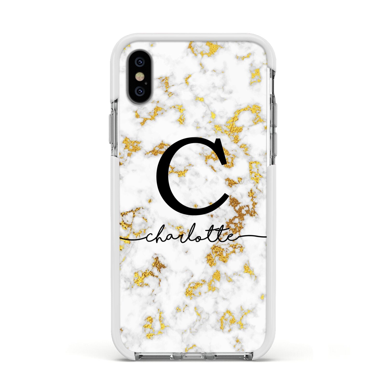 Initialled White Gold Marble with Name Apple iPhone Xs Impact Case White Edge on Silver Phone