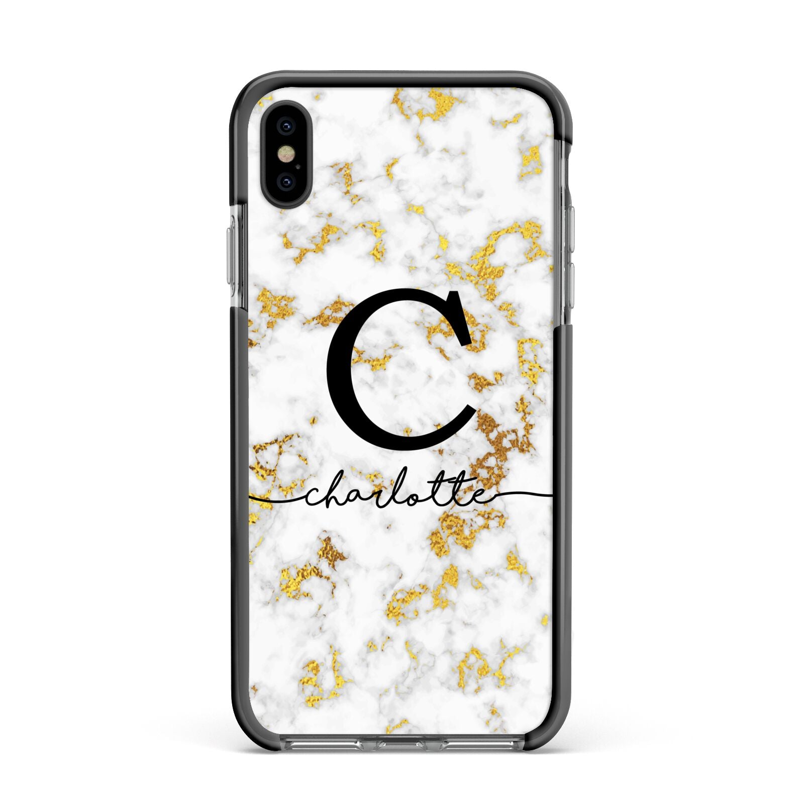 Initialled White Gold Marble with Name Apple iPhone Xs Max Impact Case Black Edge on Black Phone