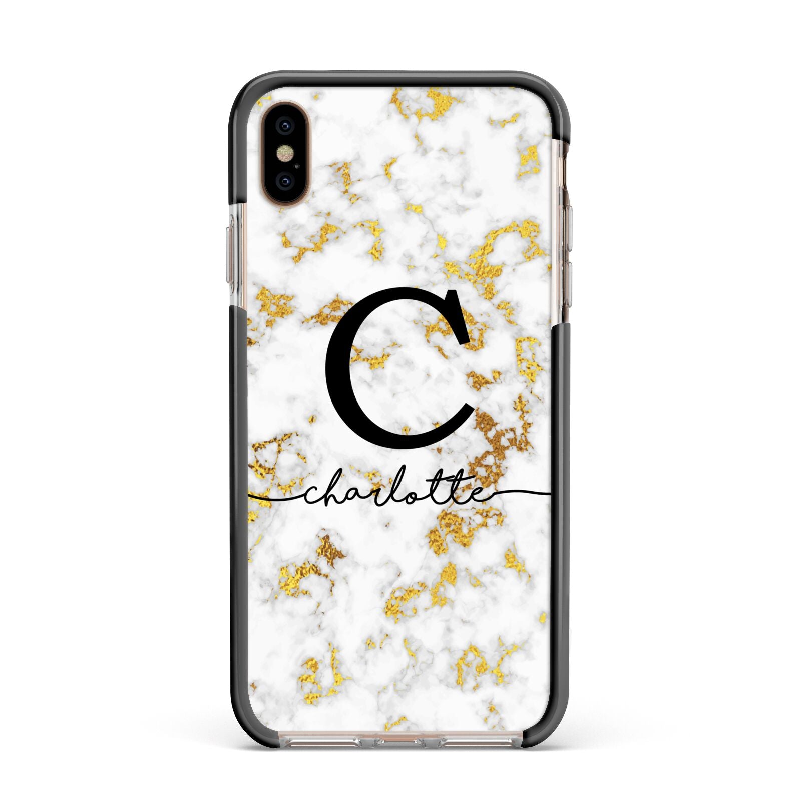 Initialled White Gold Marble with Name Apple iPhone Xs Max Impact Case Black Edge on Gold Phone