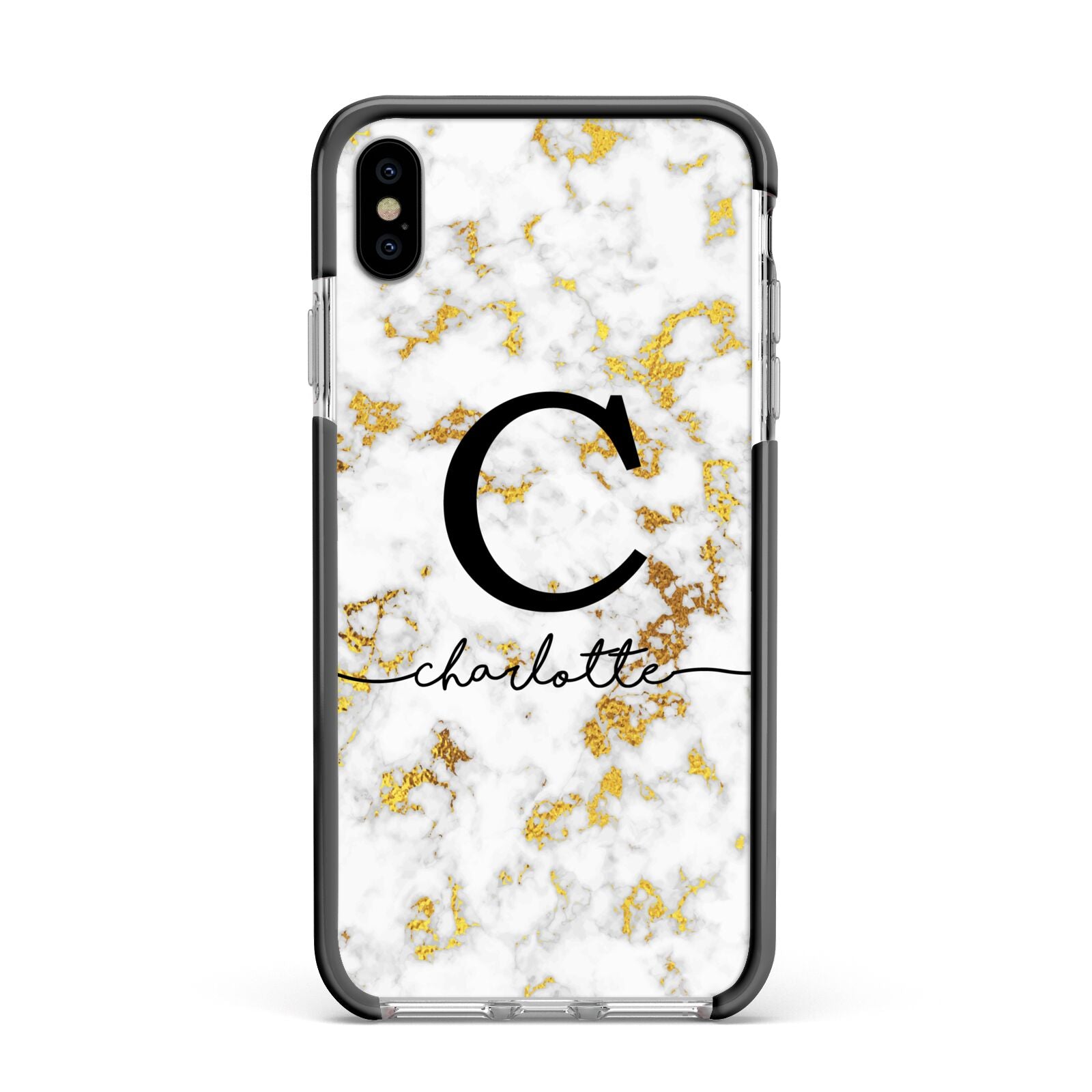 Initialled White Gold Marble with Name Apple iPhone Xs Max Impact Case Black Edge on Silver Phone