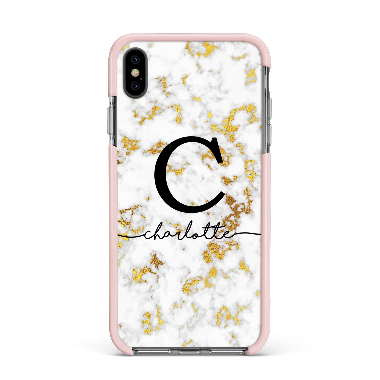 Initialled White Gold Marble with Name Apple iPhone Xs Max Impact Case Pink Edge on Black Phone