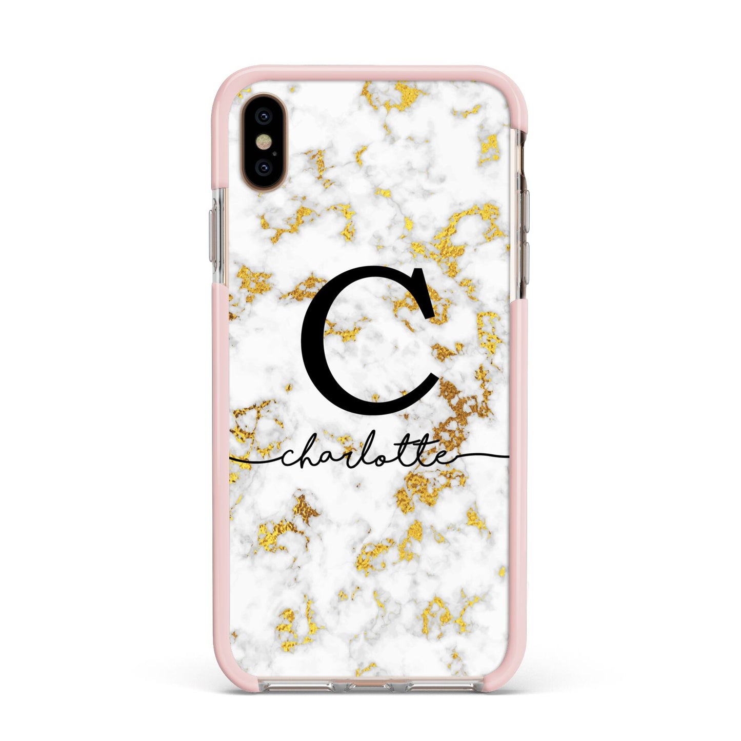 Initialled White Gold Marble with Name Apple iPhone Xs Max Impact Case Pink Edge on Gold Phone