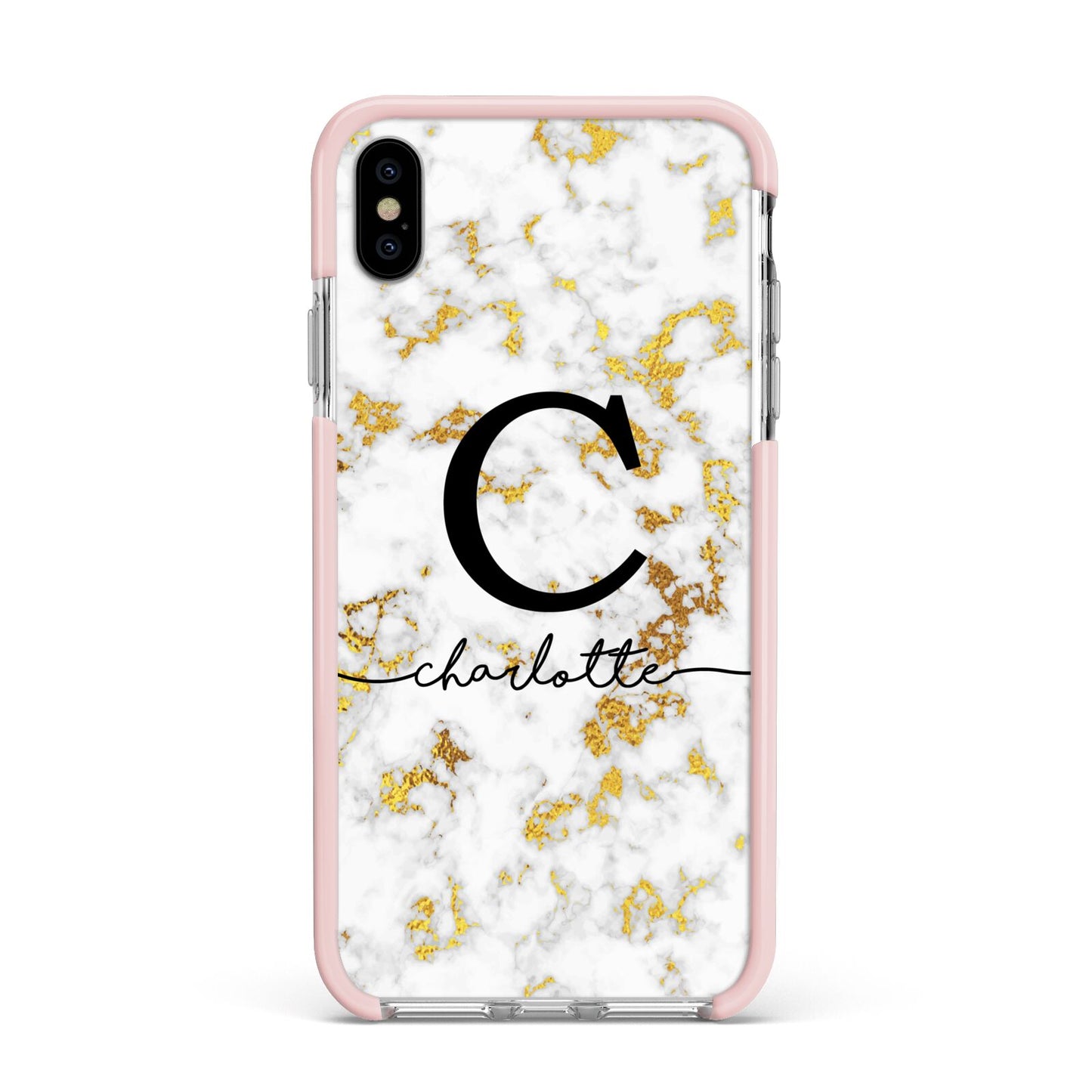 Initialled White Gold Marble with Name Apple iPhone Xs Max Impact Case Pink Edge on Silver Phone