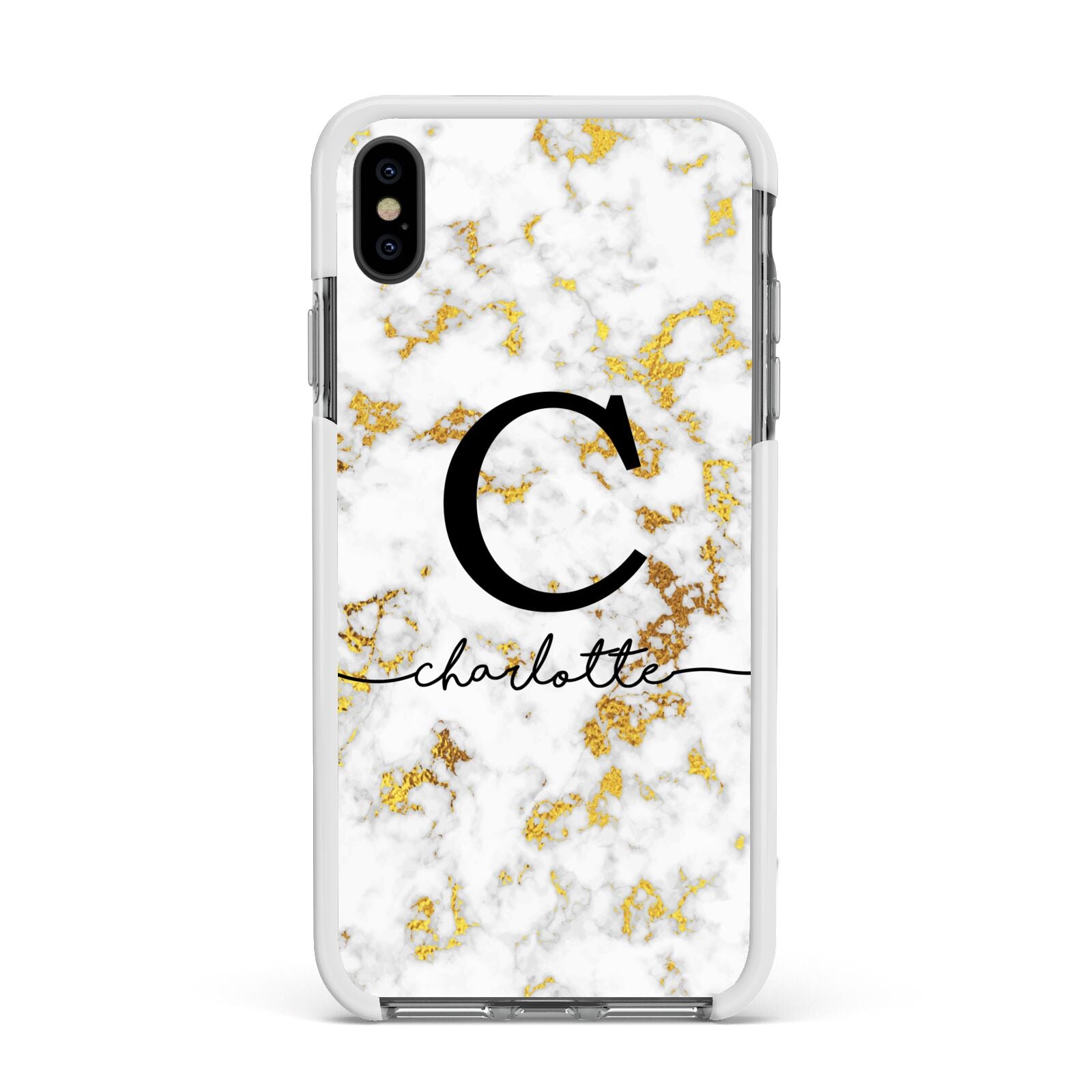 Initialled White Gold Marble with Name Apple iPhone Xs Max Impact Case White Edge on Black Phone