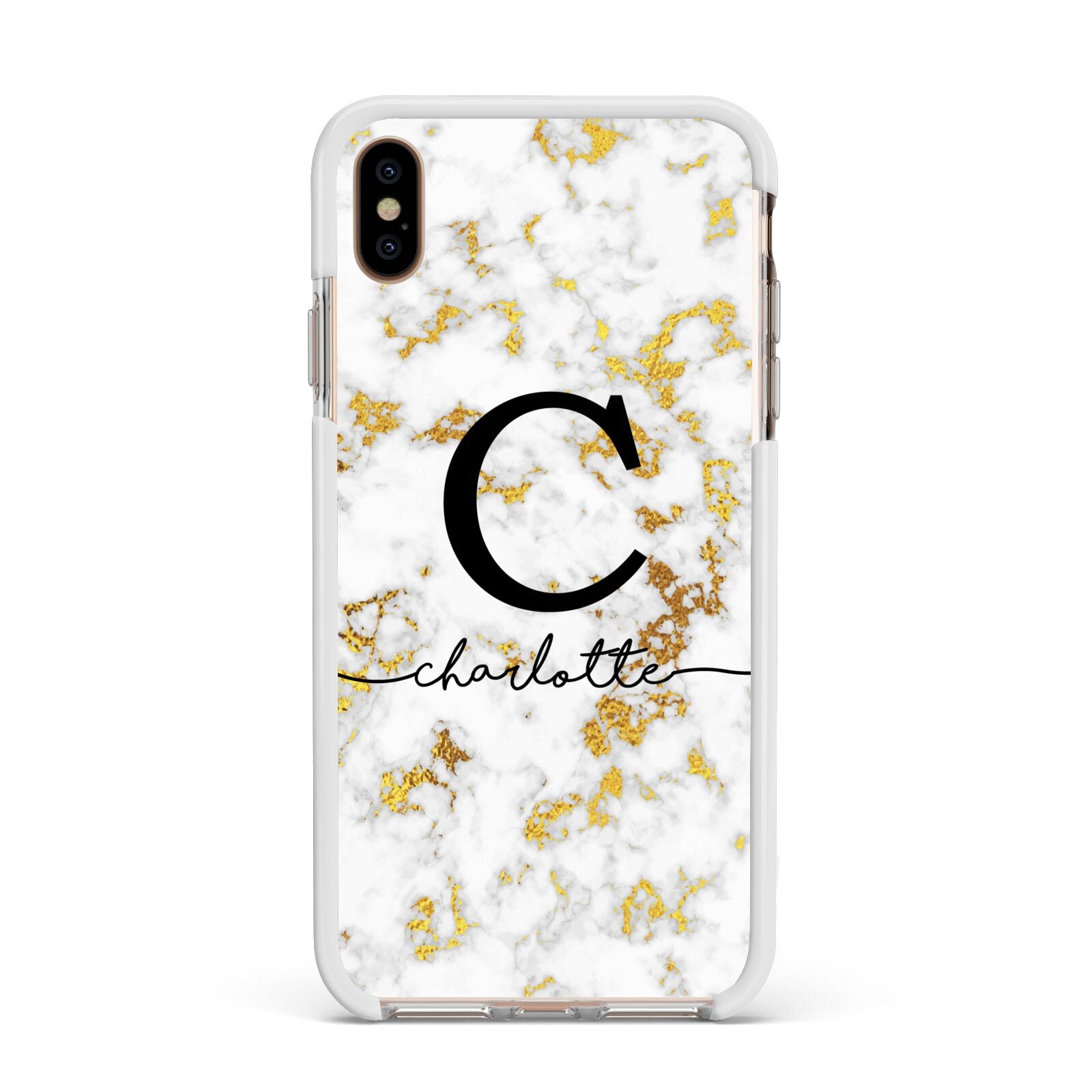 Initialled White Gold Marble with Name Apple iPhone Xs Max Impact Case White Edge on Gold Phone