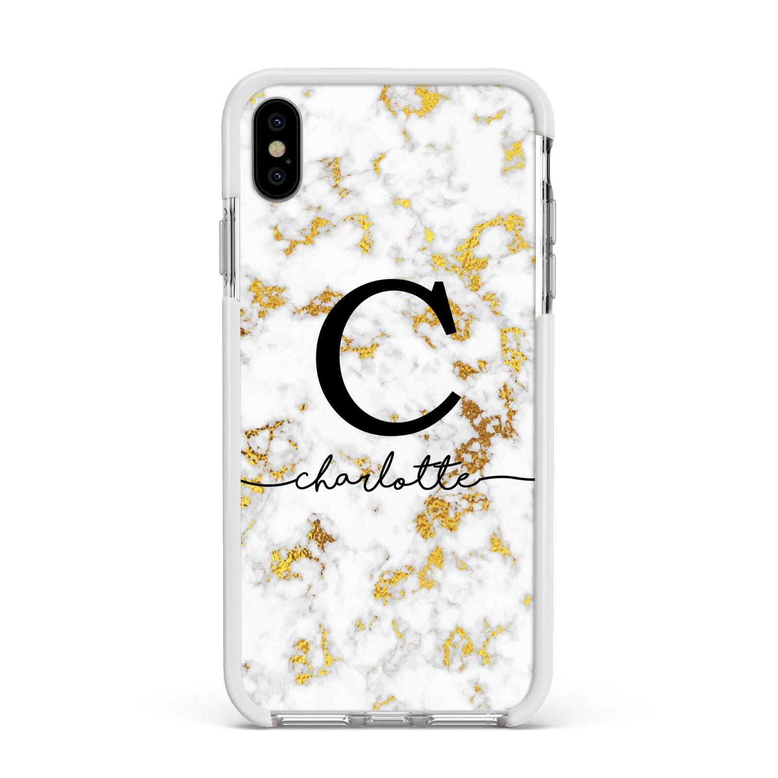 Initialled White Gold Marble with Name Apple iPhone Xs Max Impact Case White Edge on Silver Phone
