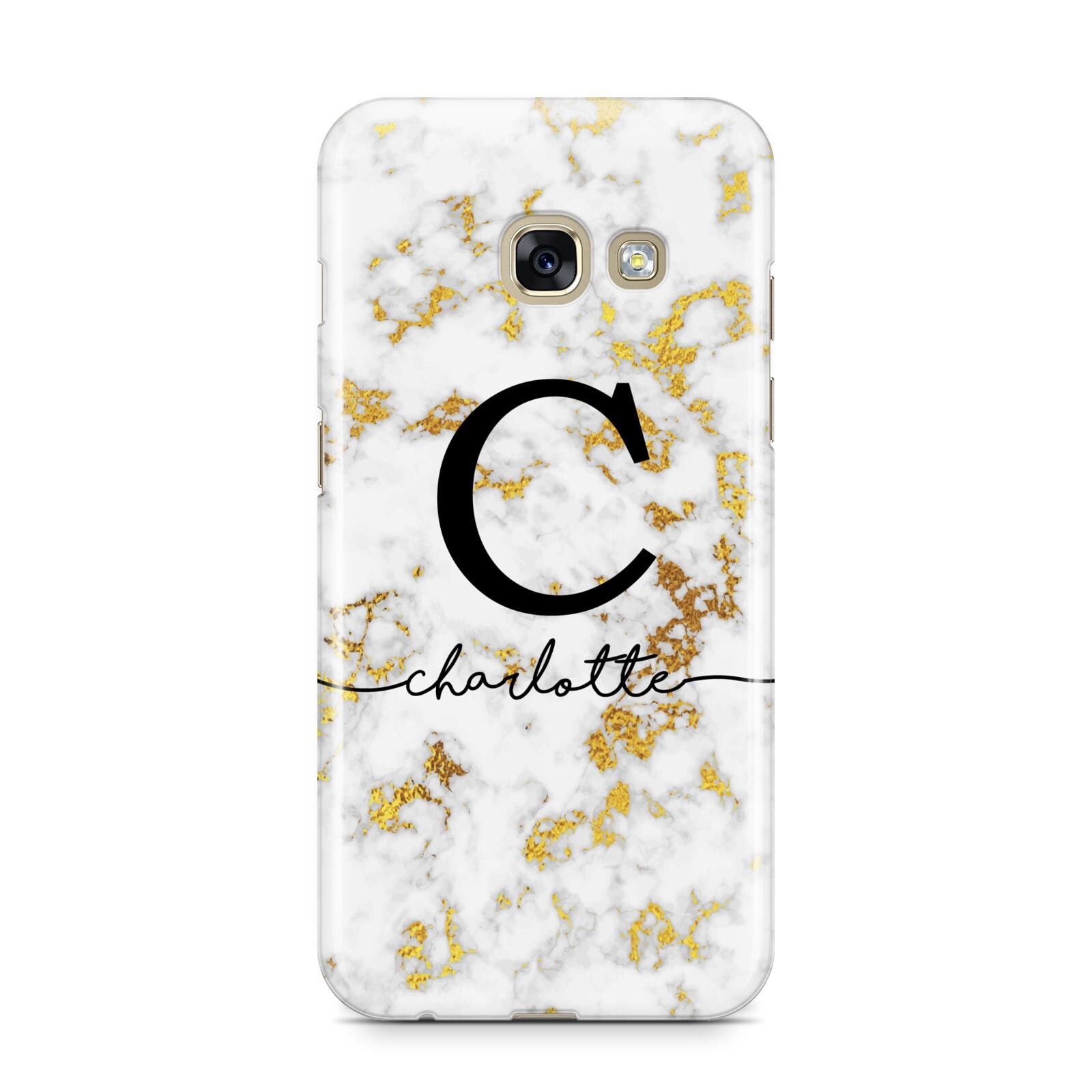 Initialled White Gold Marble with Name Samsung Galaxy A3 2017 Case on gold phone