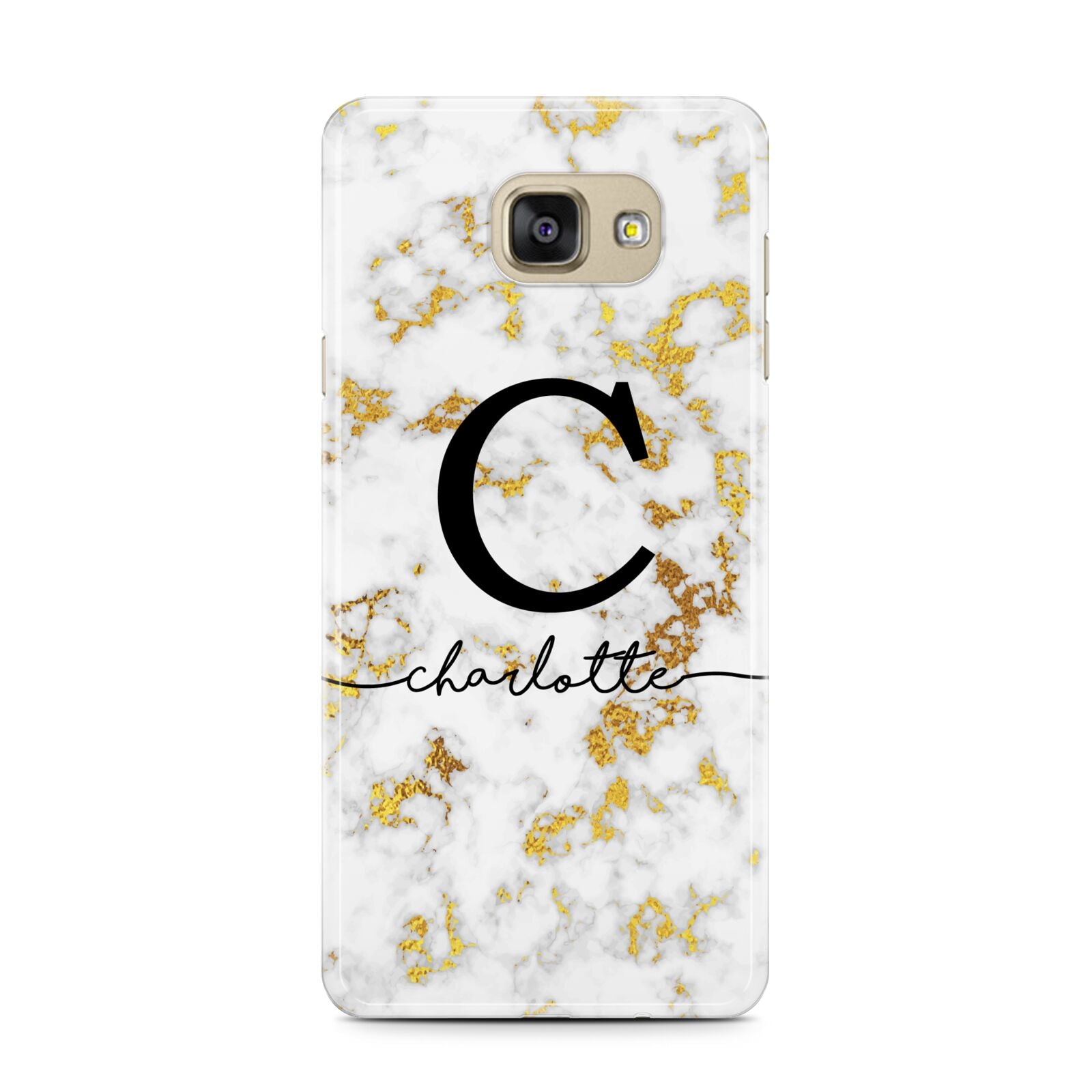 Initialled White Gold Marble with Name Samsung Galaxy A7 2016 Case on gold phone