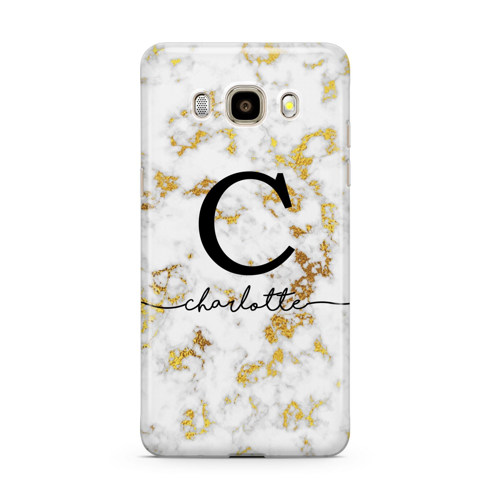 Initialled White Gold Marble with Name Samsung Galaxy J7 2016 Case on gold phone