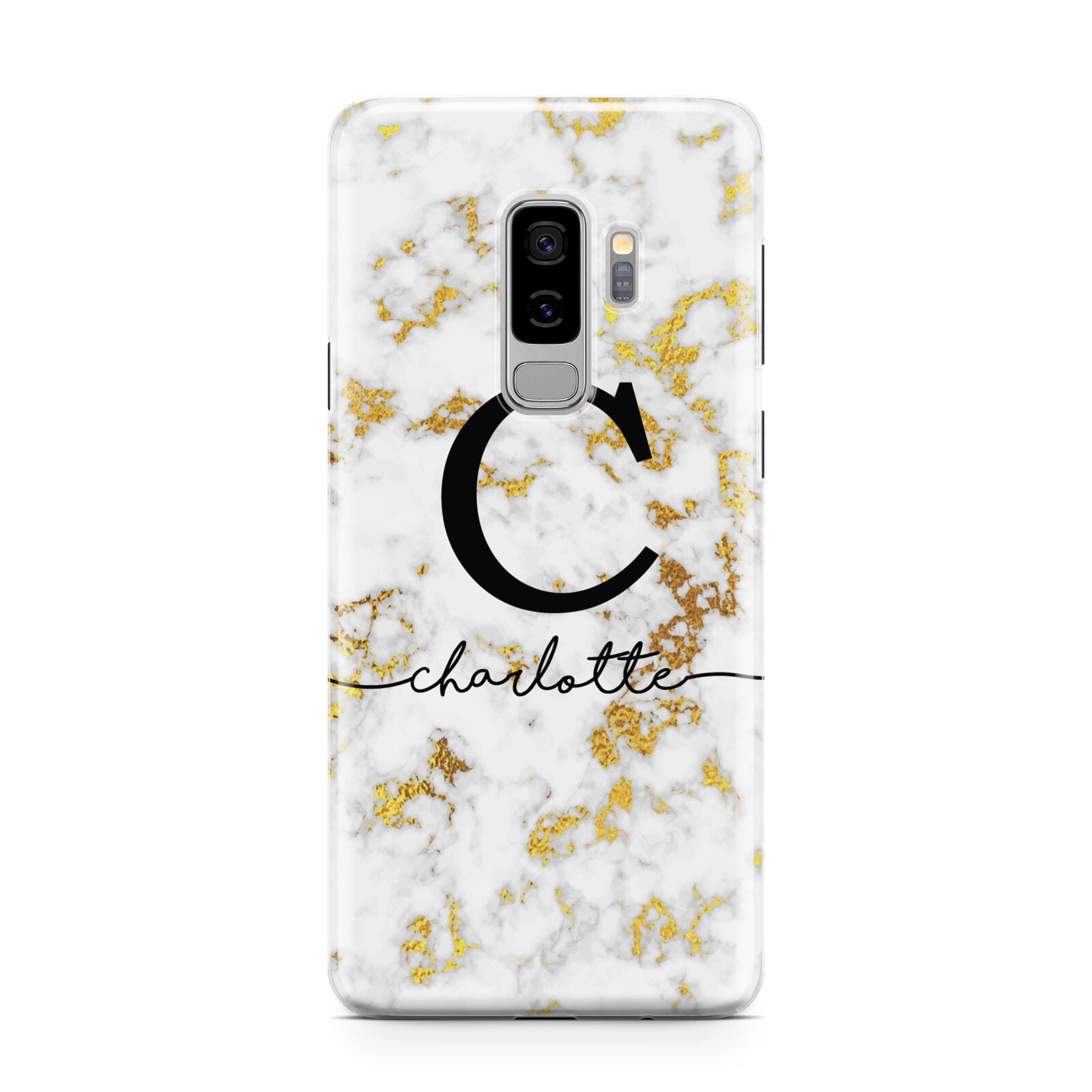 Initialled White Gold Marble with Name Samsung Galaxy S9 Plus Case on Silver phone