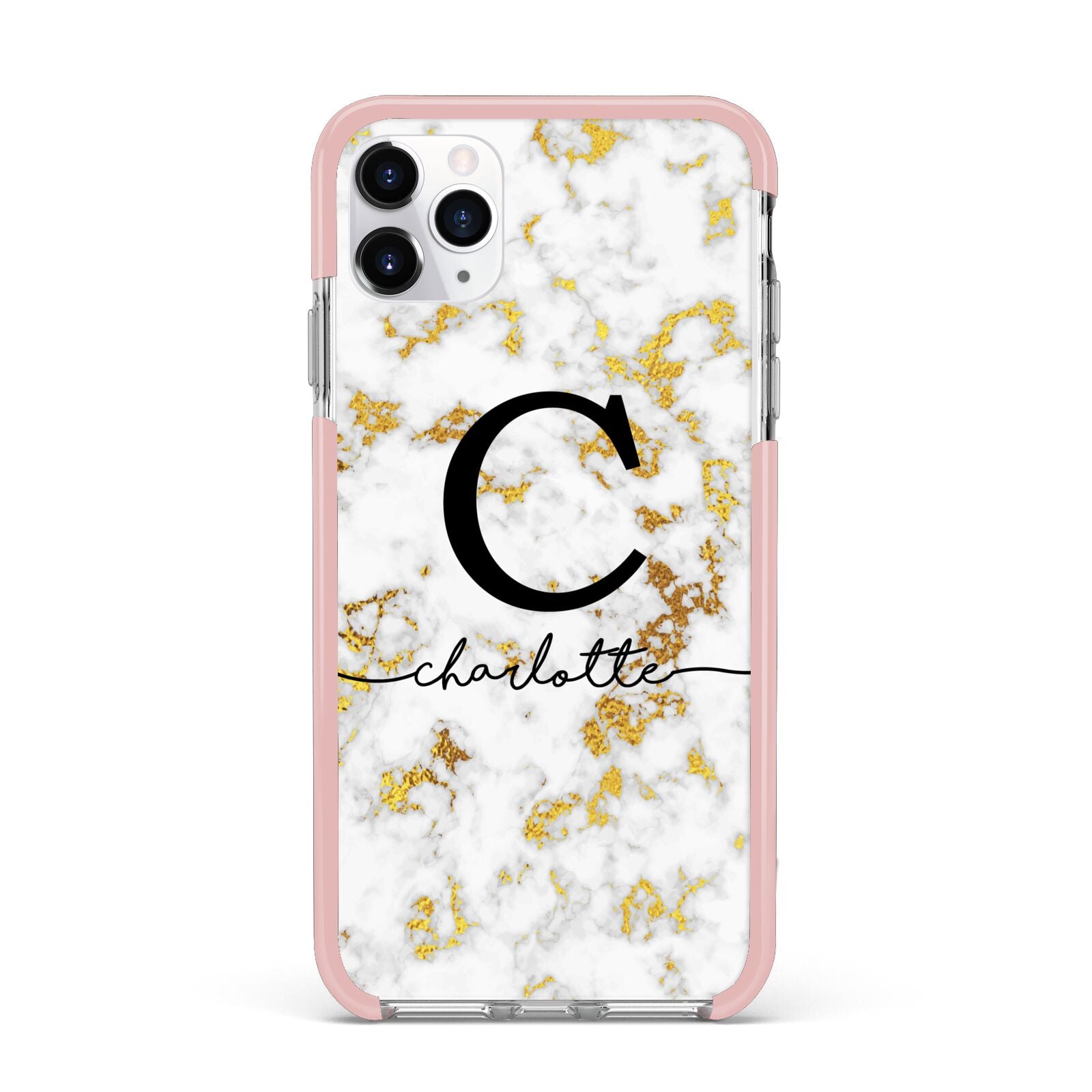 Initialled White Gold Marble with Name iPhone 11 Pro Max Impact Pink Edge Case