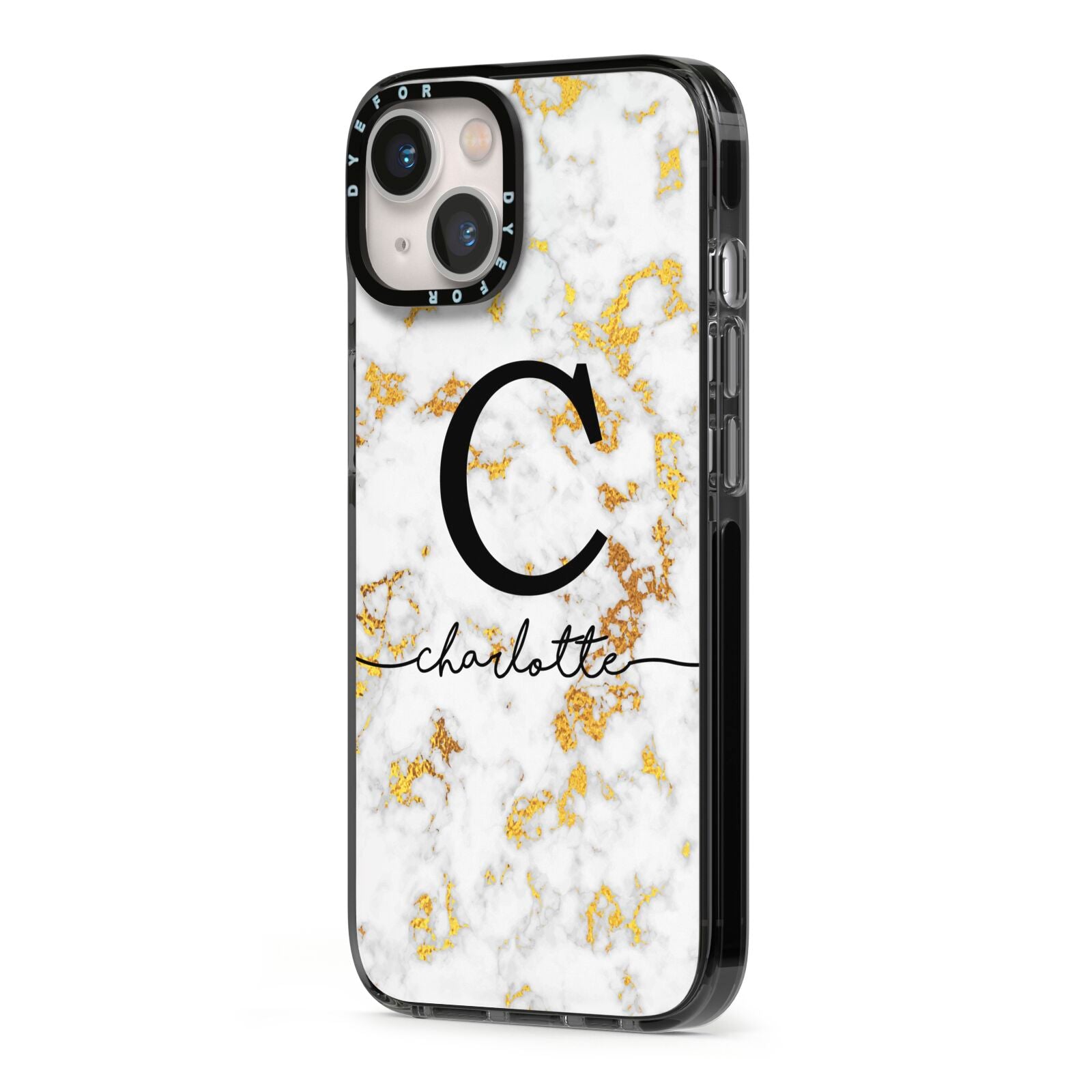 Initialled White Gold Marble with Name iPhone 13 Black Impact Case Side Angle on Silver phone