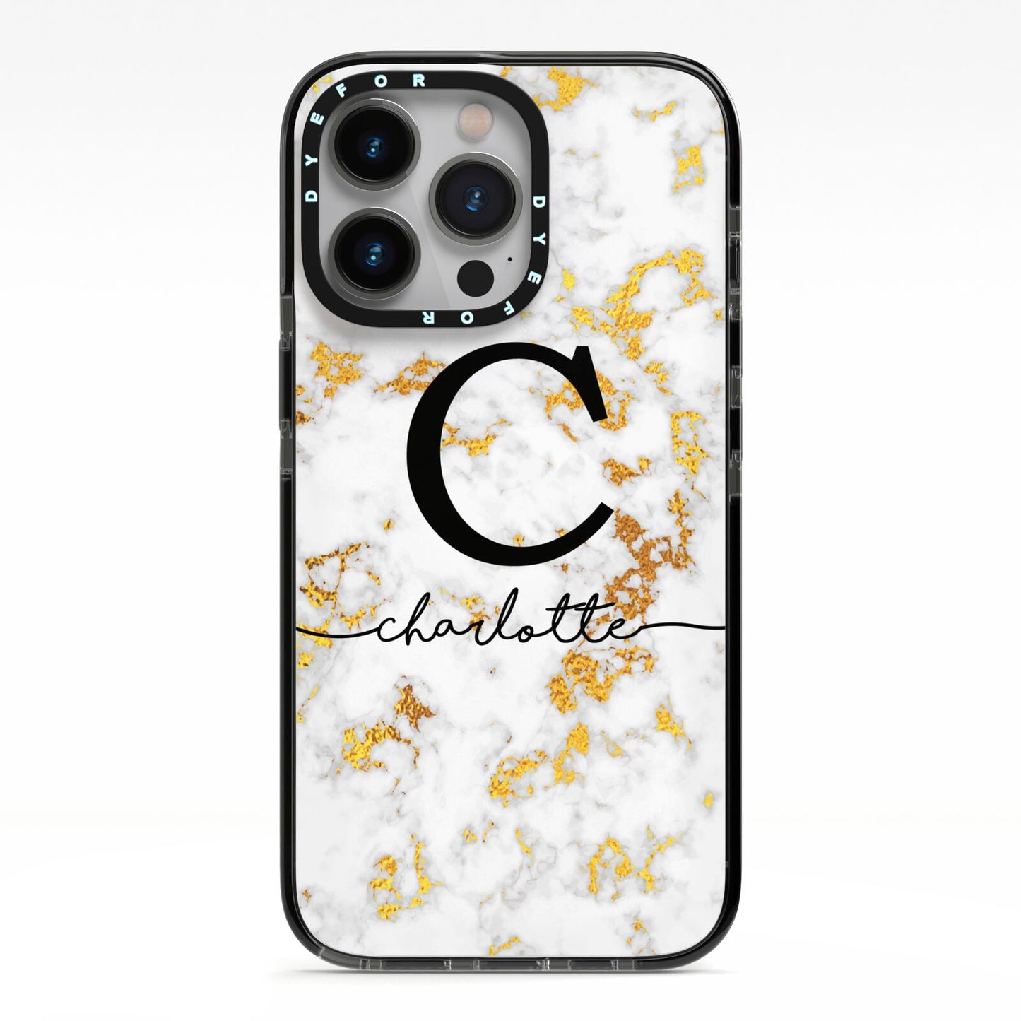 Initialled White Gold Marble with Name iPhone 13 Pro Black Impact Case on Silver phone