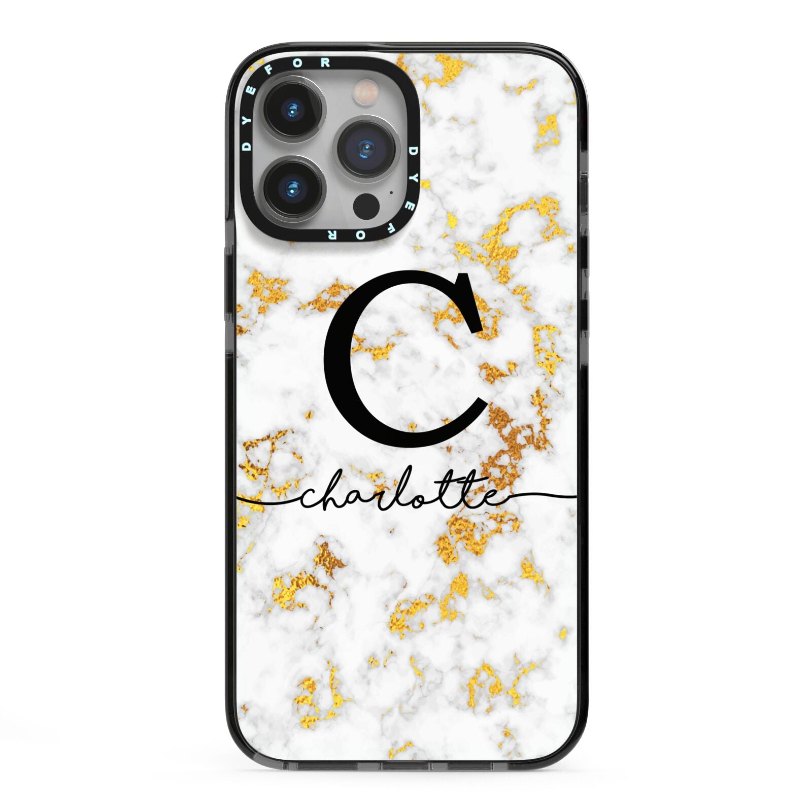 Initialled White Gold Marble with Name iPhone 13 Pro Max Black Impact Case on Silver phone