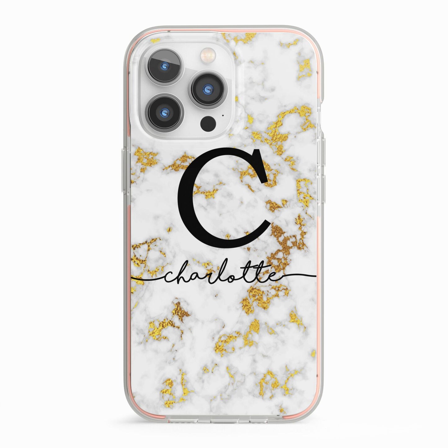 Initialled White Gold Marble with Name iPhone 13 Pro TPU Impact Case with Pink Edges