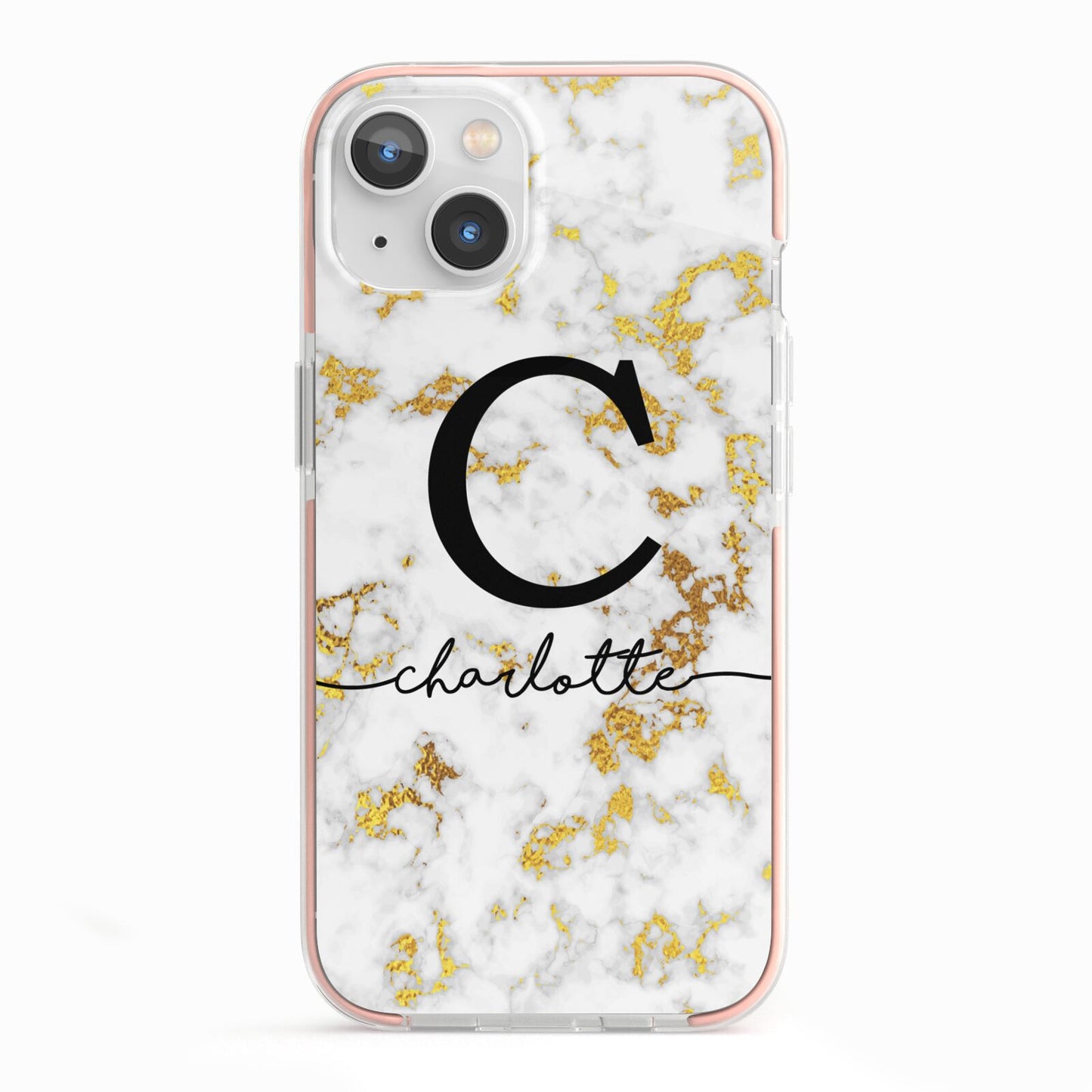 Initialled White Gold Marble with Name iPhone 13 TPU Impact Case with Pink Edges
