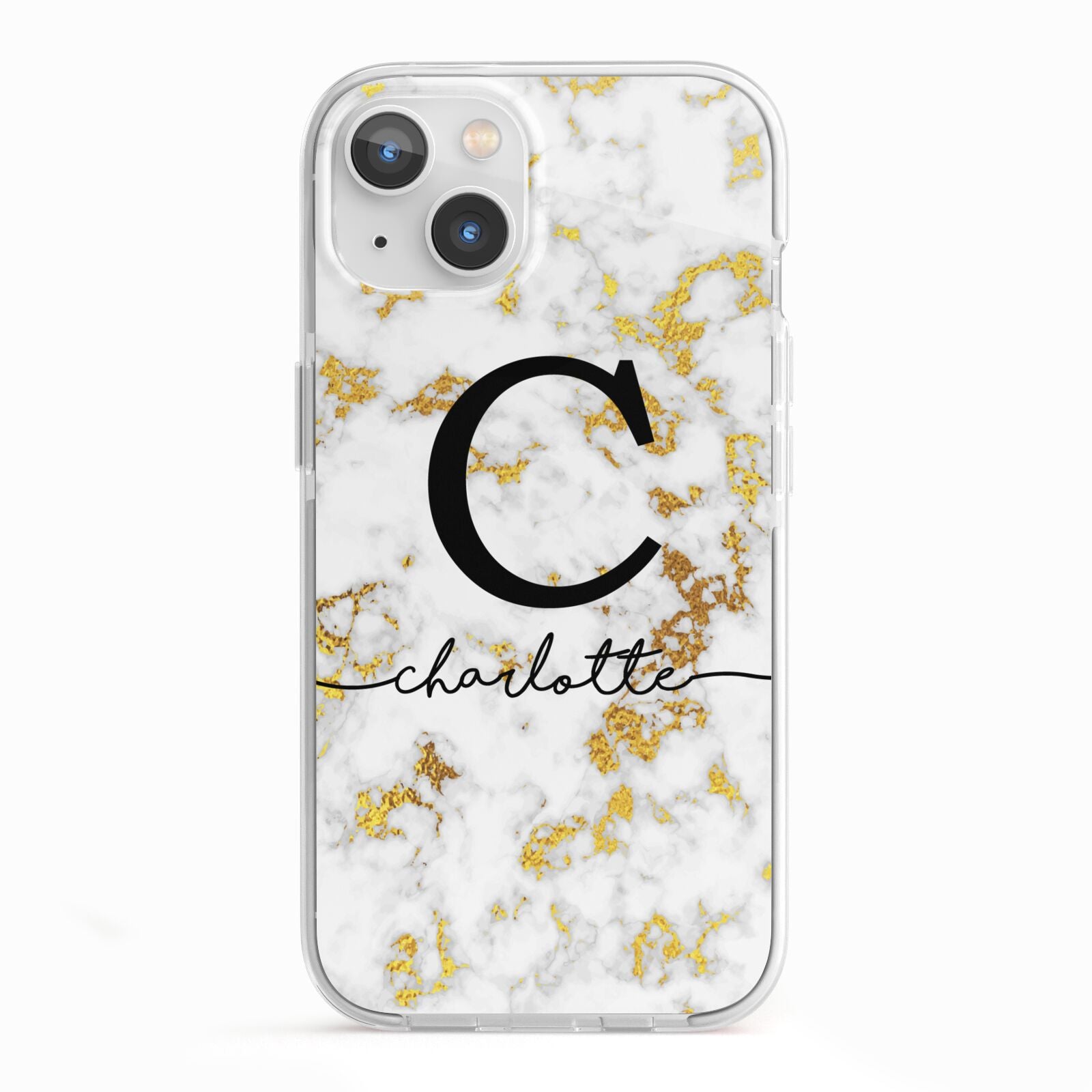 Initialled White Gold Marble with Name iPhone 13 TPU Impact Case with White Edges