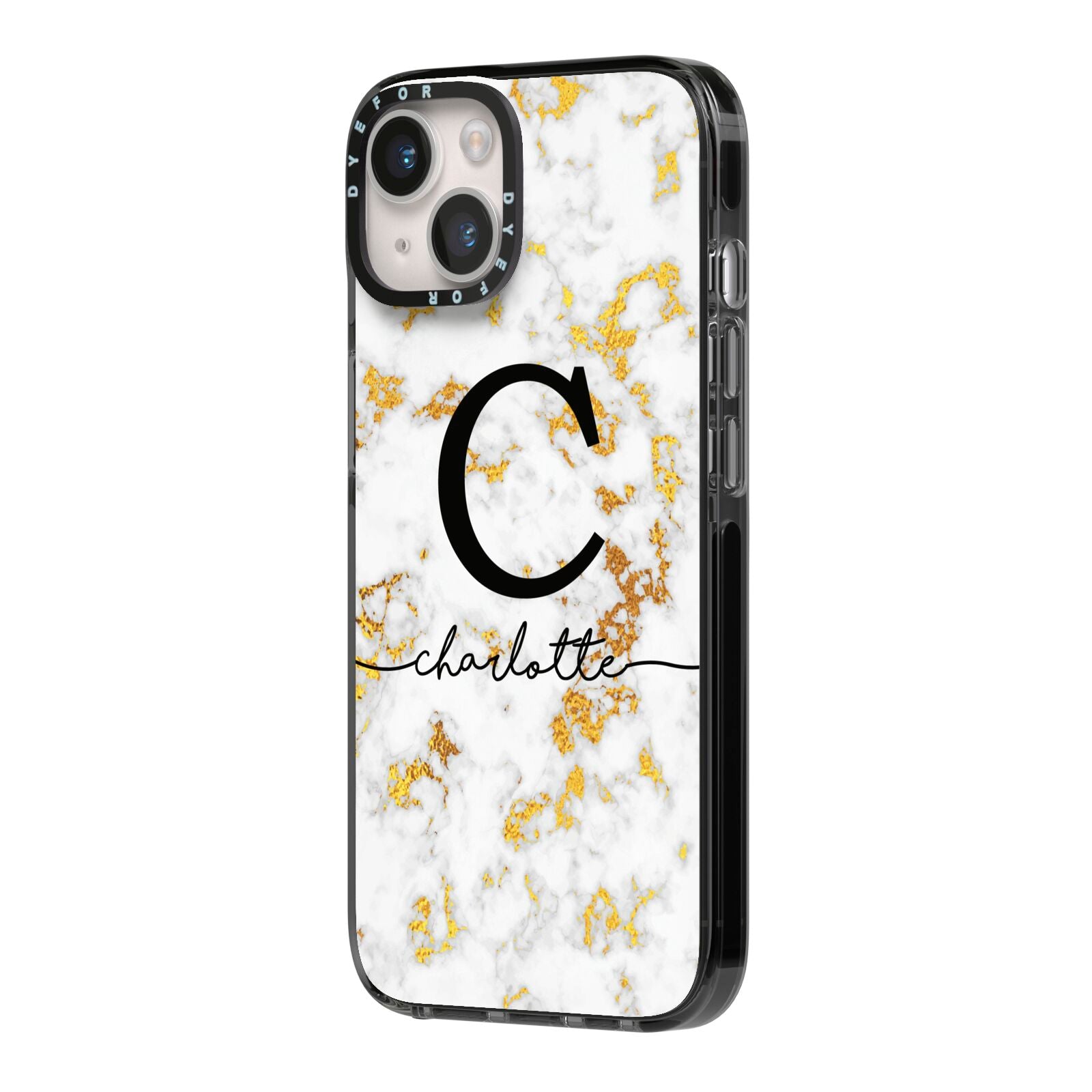 Initialled White Gold Marble with Name iPhone 14 Black Impact Case Side Angle on Silver phone