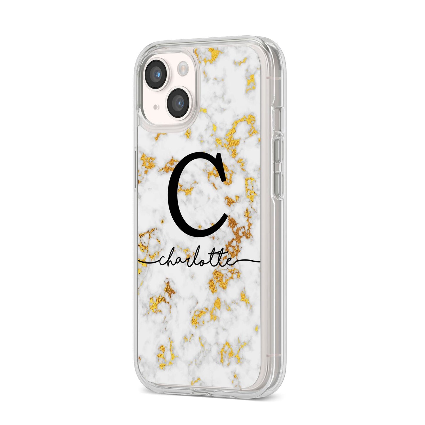 Initialled White Gold Marble with Name iPhone 14 Clear Tough Case Starlight Angled Image