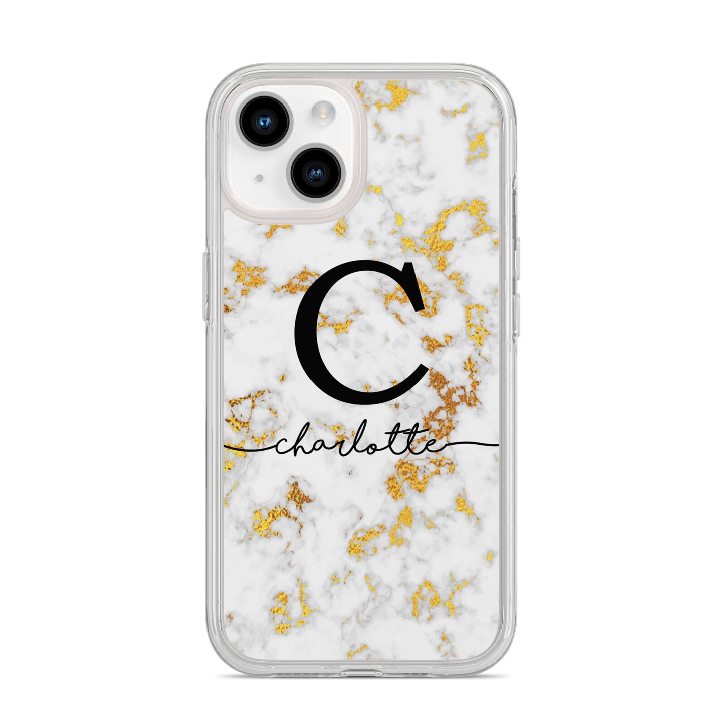 Initialled White Gold Marble with Name iPhone 14 Clear Tough Case Starlight