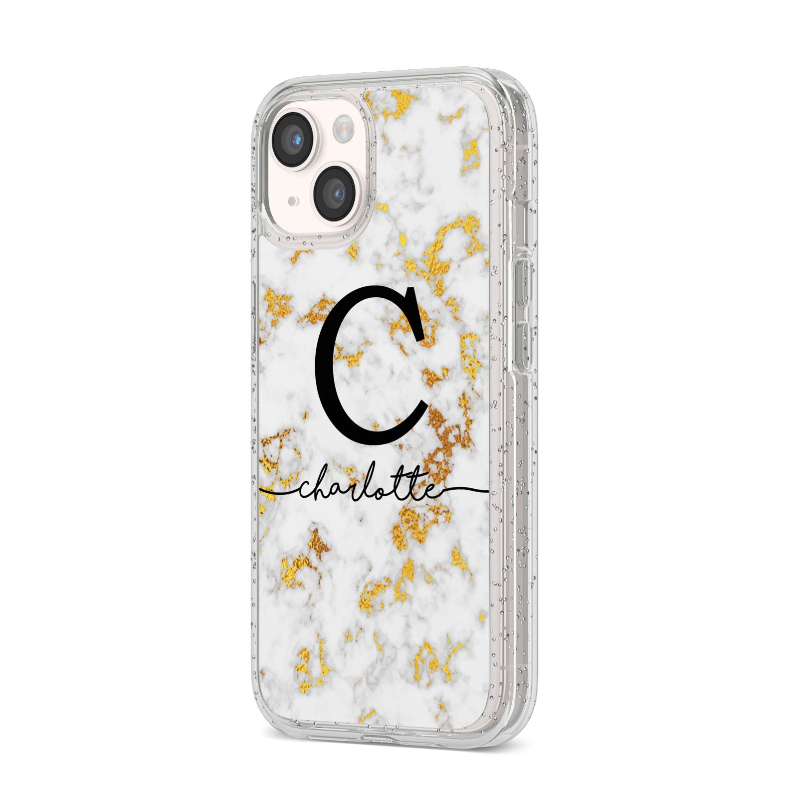Initialled White Gold Marble with Name iPhone 14 Glitter Tough Case Starlight Angled Image