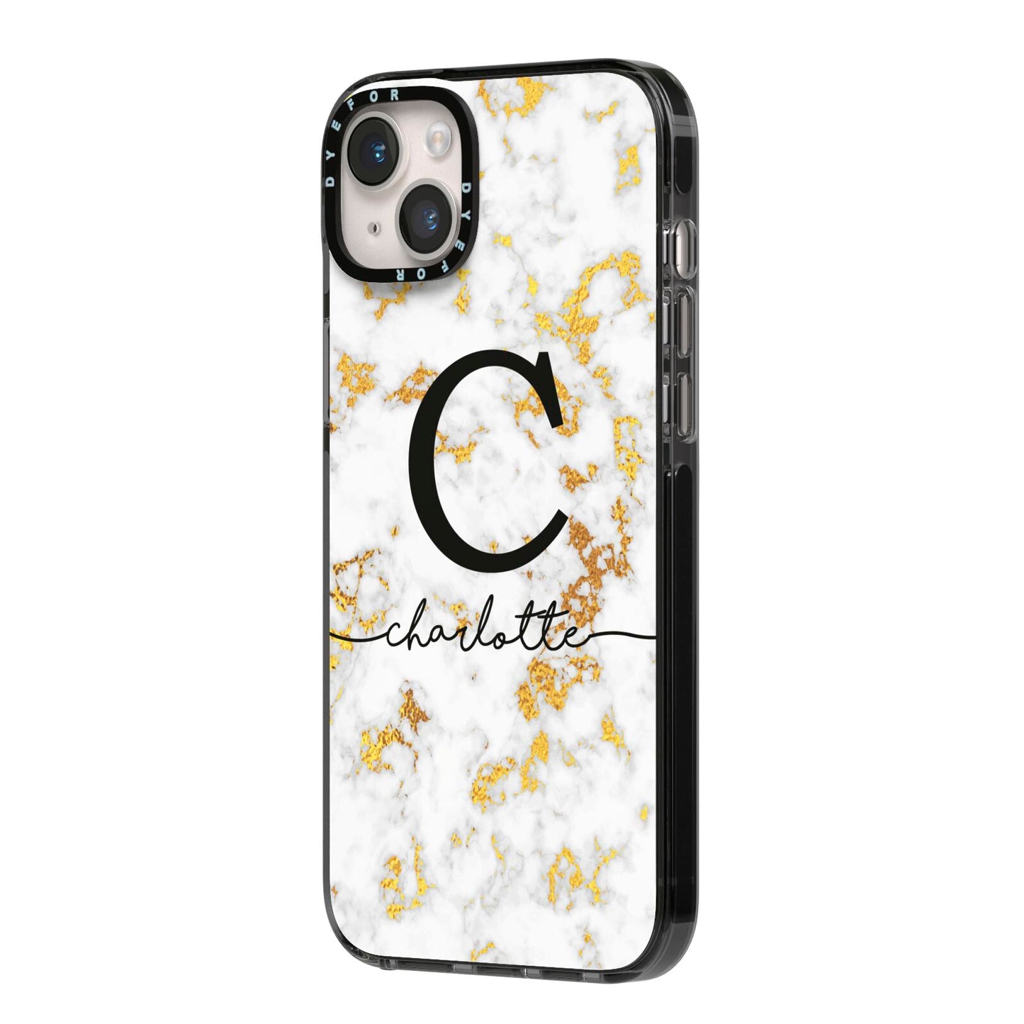 Initialled White Gold Marble with Name iPhone 14 Plus Black Impact Case Side Angle on Silver phone