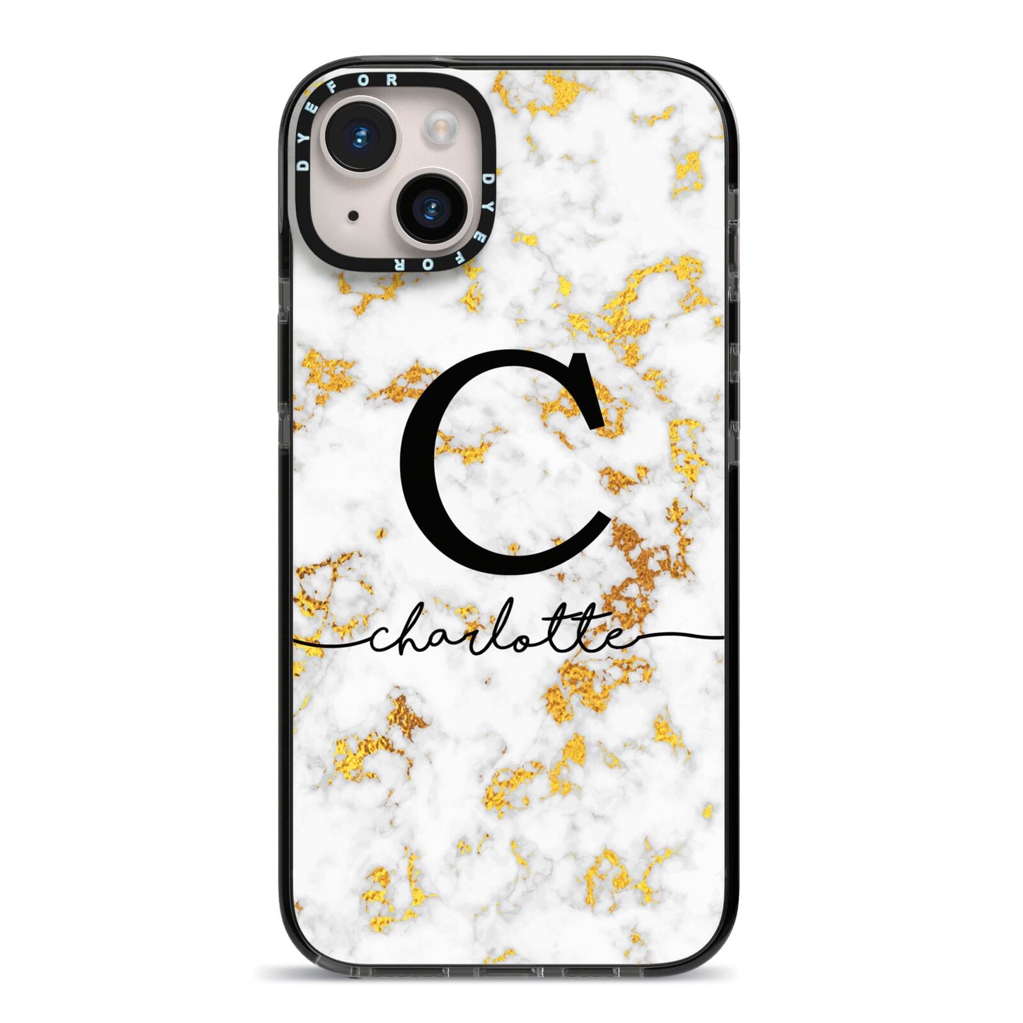 Initialled White Gold Marble with Name iPhone 14 Plus Black Impact Case on Silver phone