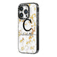 Initialled White Gold Marble with Name iPhone 14 Pro Black Impact Case Side Angle on Silver phone