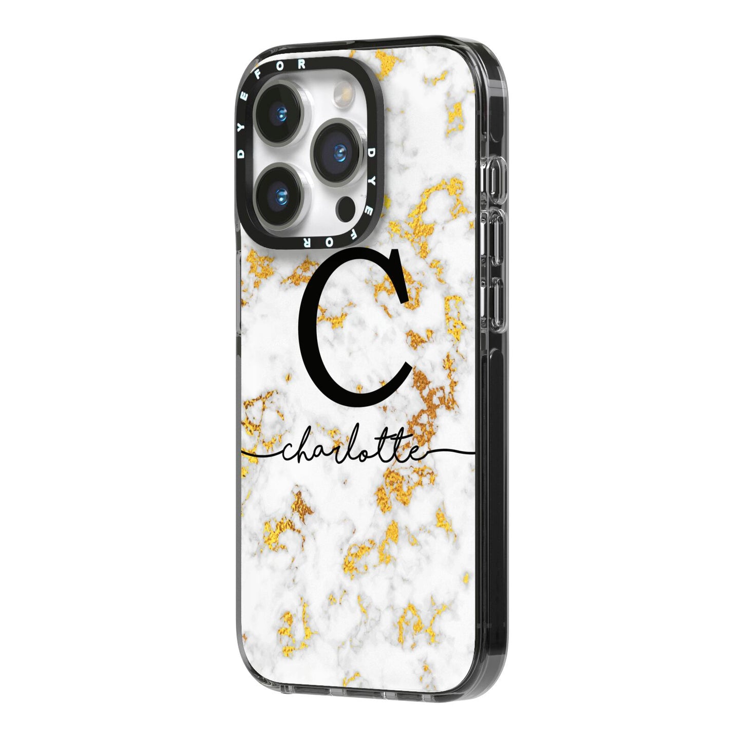 Initialled White Gold Marble with Name iPhone 14 Pro Black Impact Case Side Angle on Silver phone