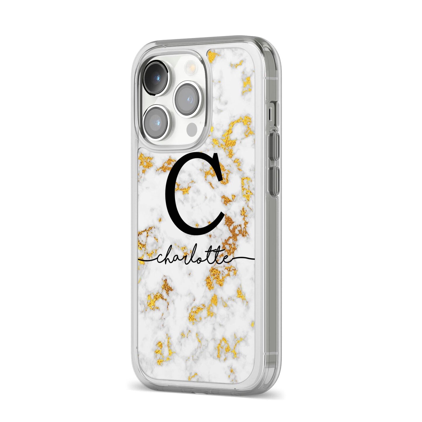 Initialled White Gold Marble with Name iPhone 14 Pro Clear Tough Case Silver Angled Image
