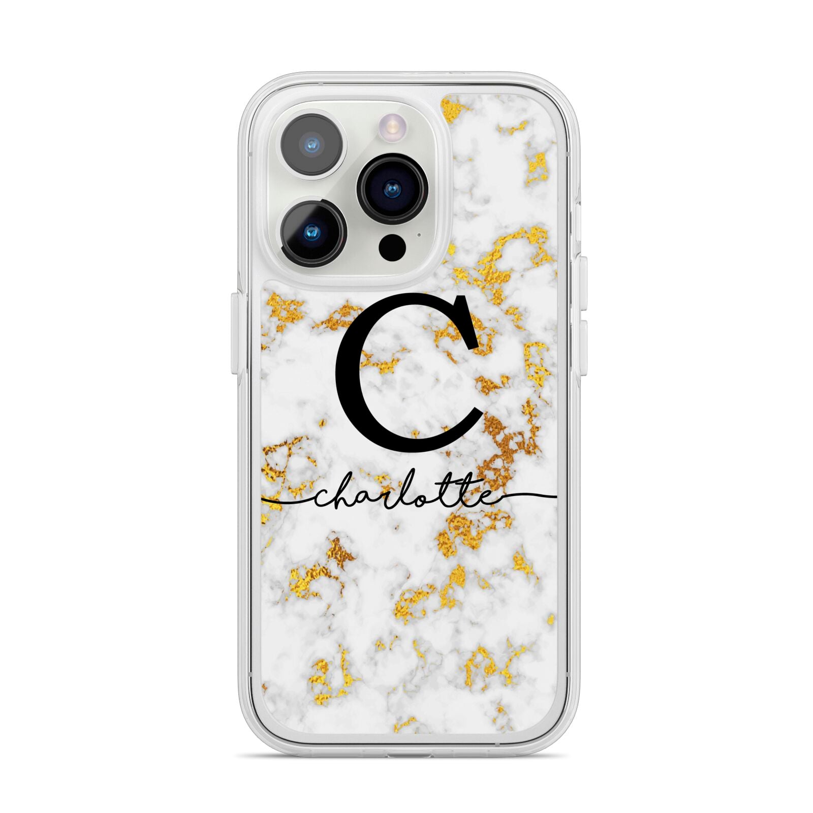 Initialled White Gold Marble with Name iPhone 14 Pro Clear Tough Case Silver