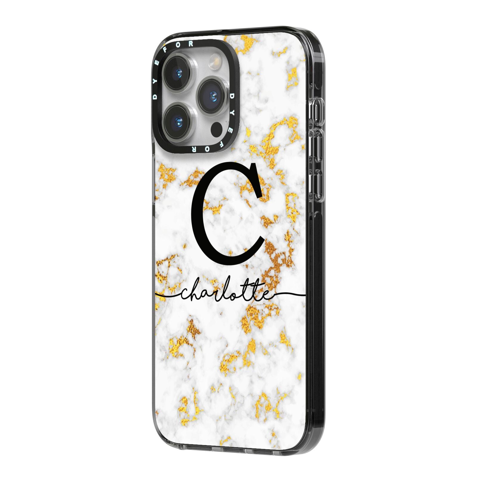 Initialled White Gold Marble with Name iPhone 14 Pro Max Black Impact Case Side Angle on Silver phone
