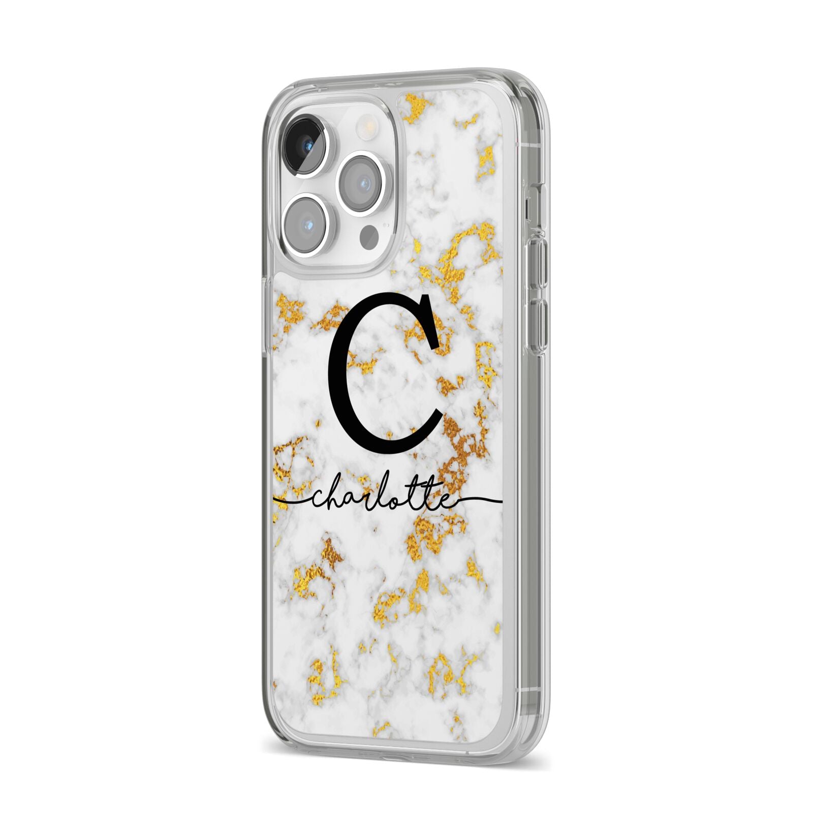 Initialled White Gold Marble with Name iPhone 14 Pro Max Clear Tough Case Silver Angled Image