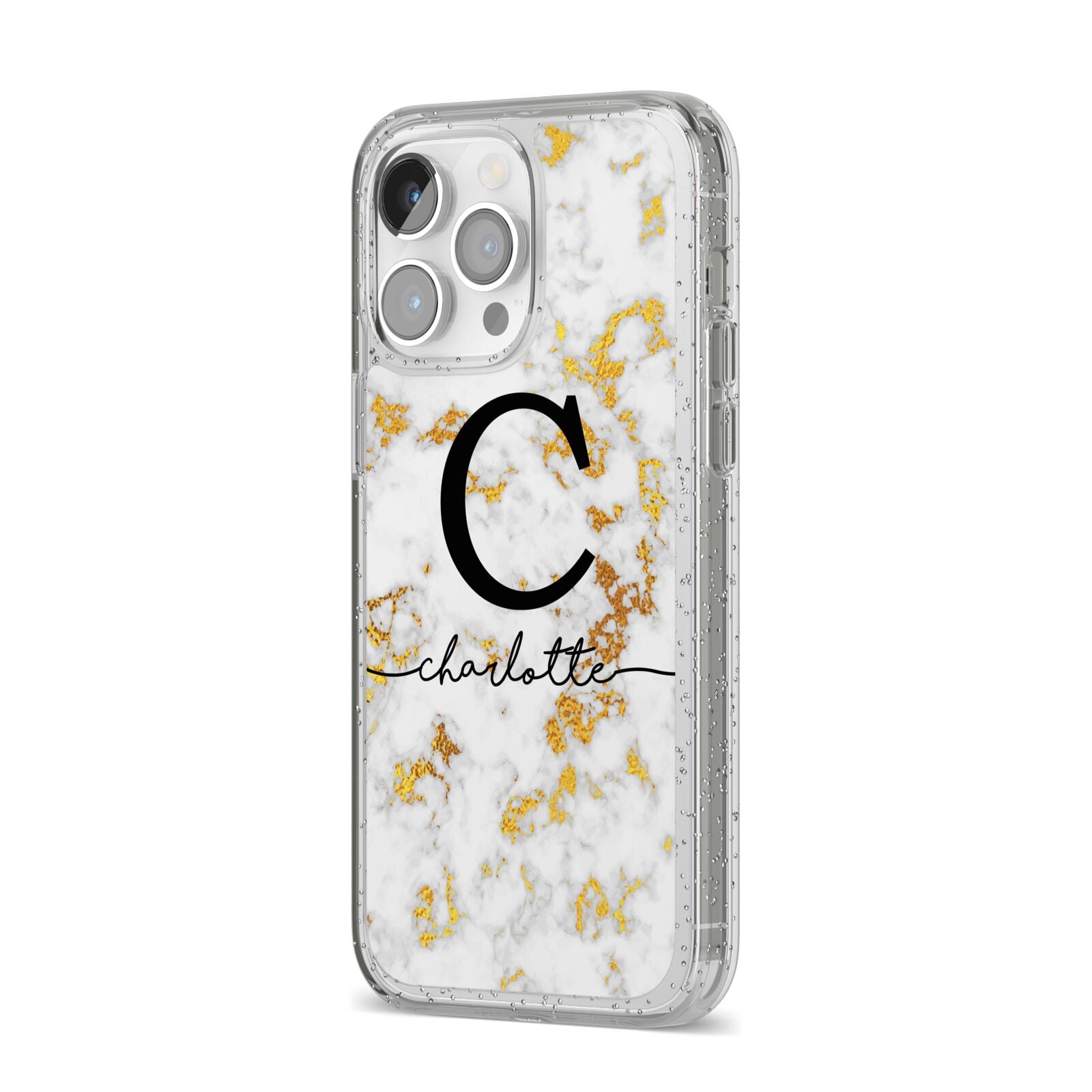 Initialled White Gold Marble with Name iPhone 14 Pro Max Glitter Tough Case Silver Angled Image