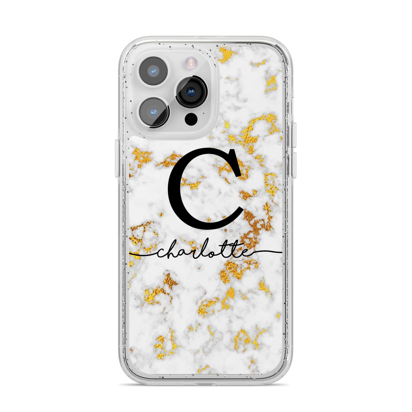 Initialled White Gold Marble with Name iPhone 14 Pro Max Glitter Tough Case Silver
