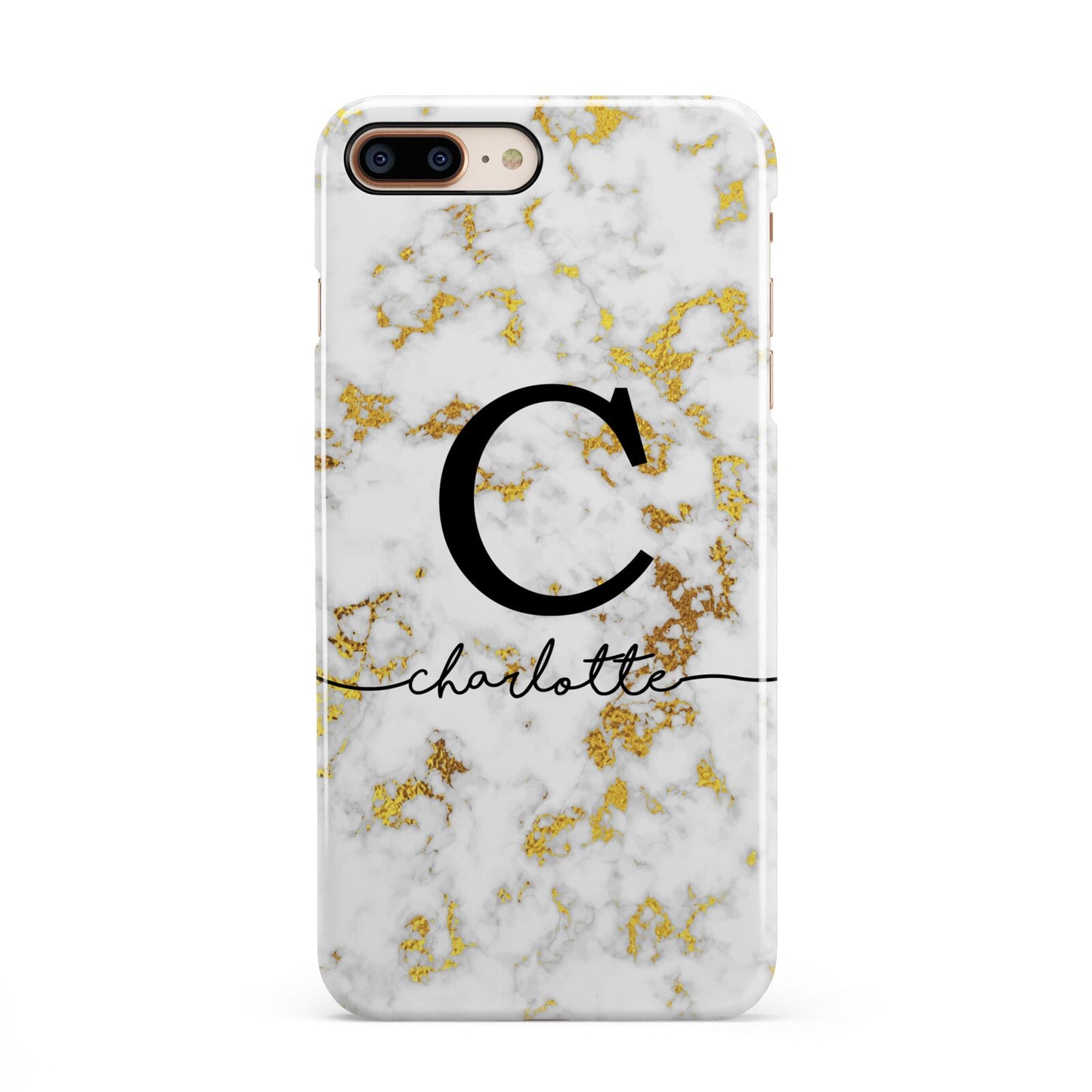 Initialled White Gold Marble with Name iPhone 8 Plus 3D Snap Case on Gold Phone
