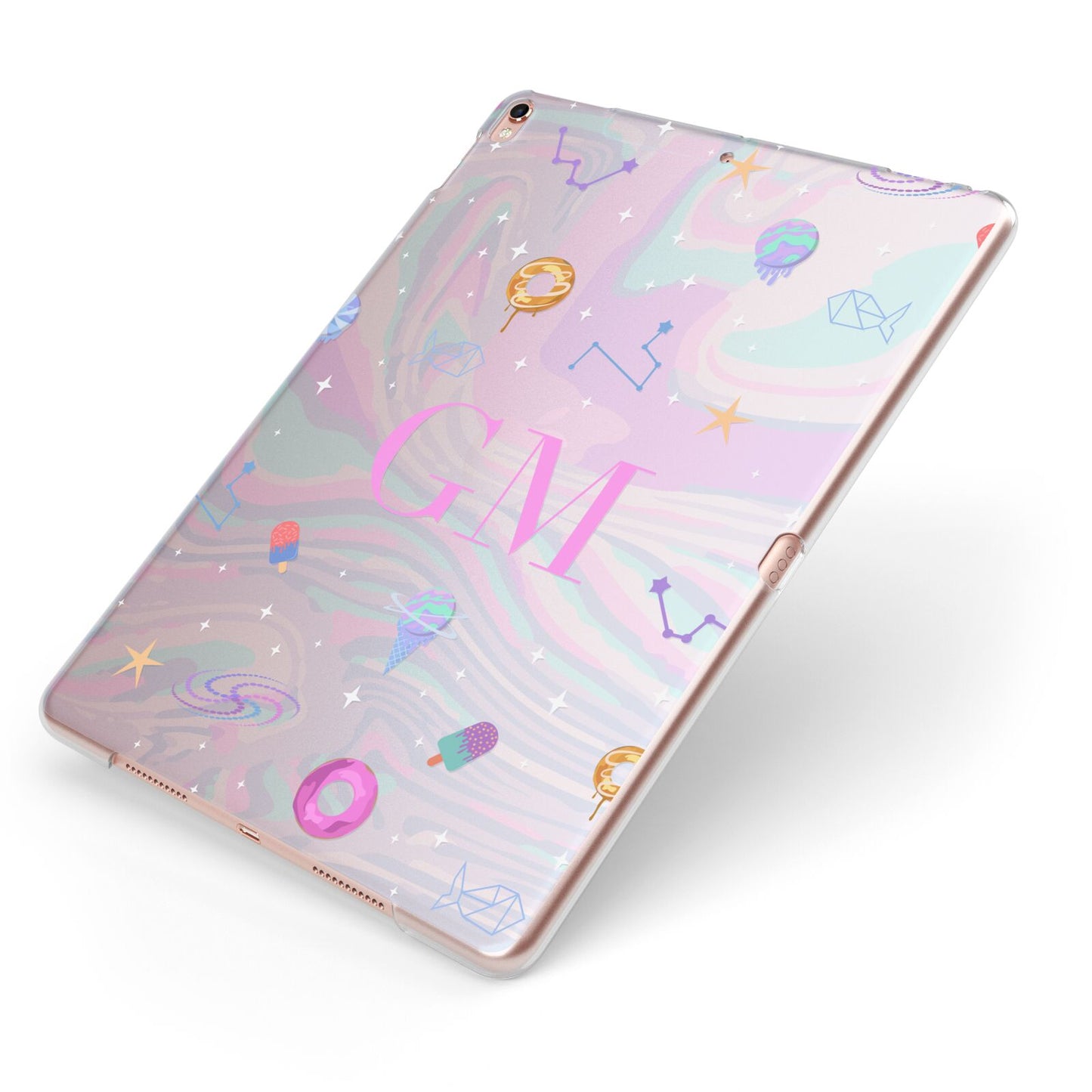 Inky Galactic Scene Personalised Initials Apple iPad Case on Rose Gold iPad Side View