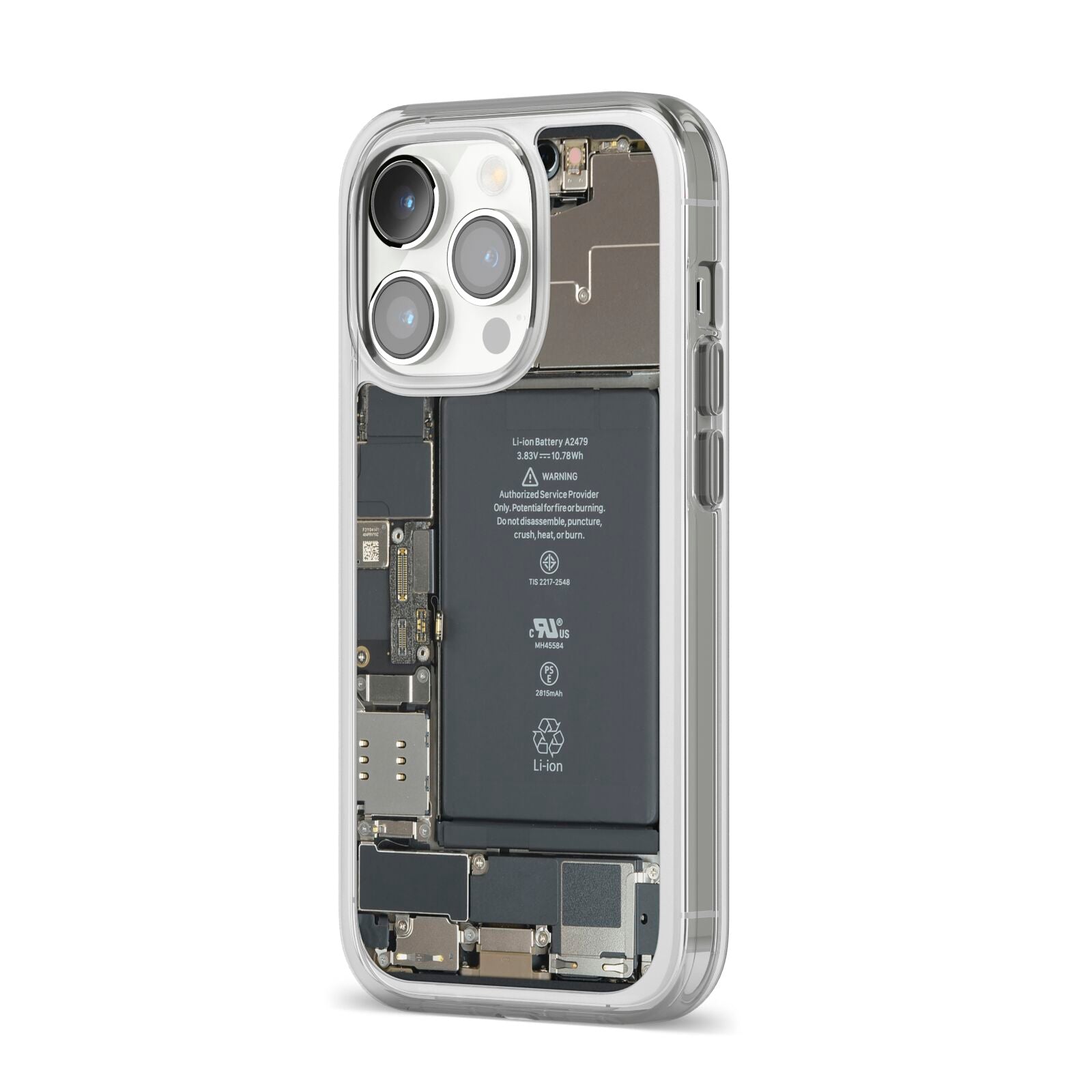 Internal Parts iPhone 14 Pro Clear Tough Case Silver Angled Image