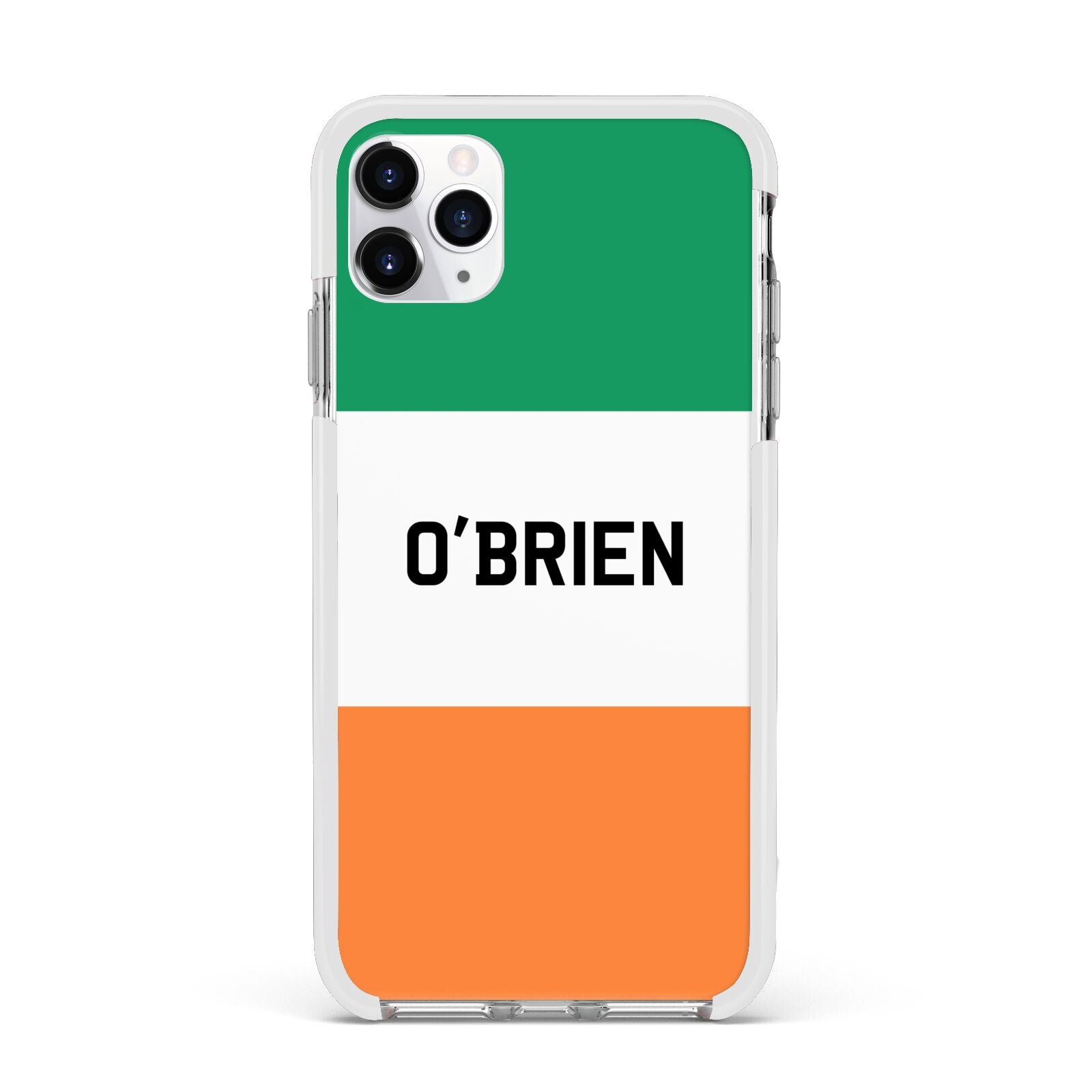 Irish Flag Personalised Name Apple iPhone 11 Pro Max in Silver with White Impact Case