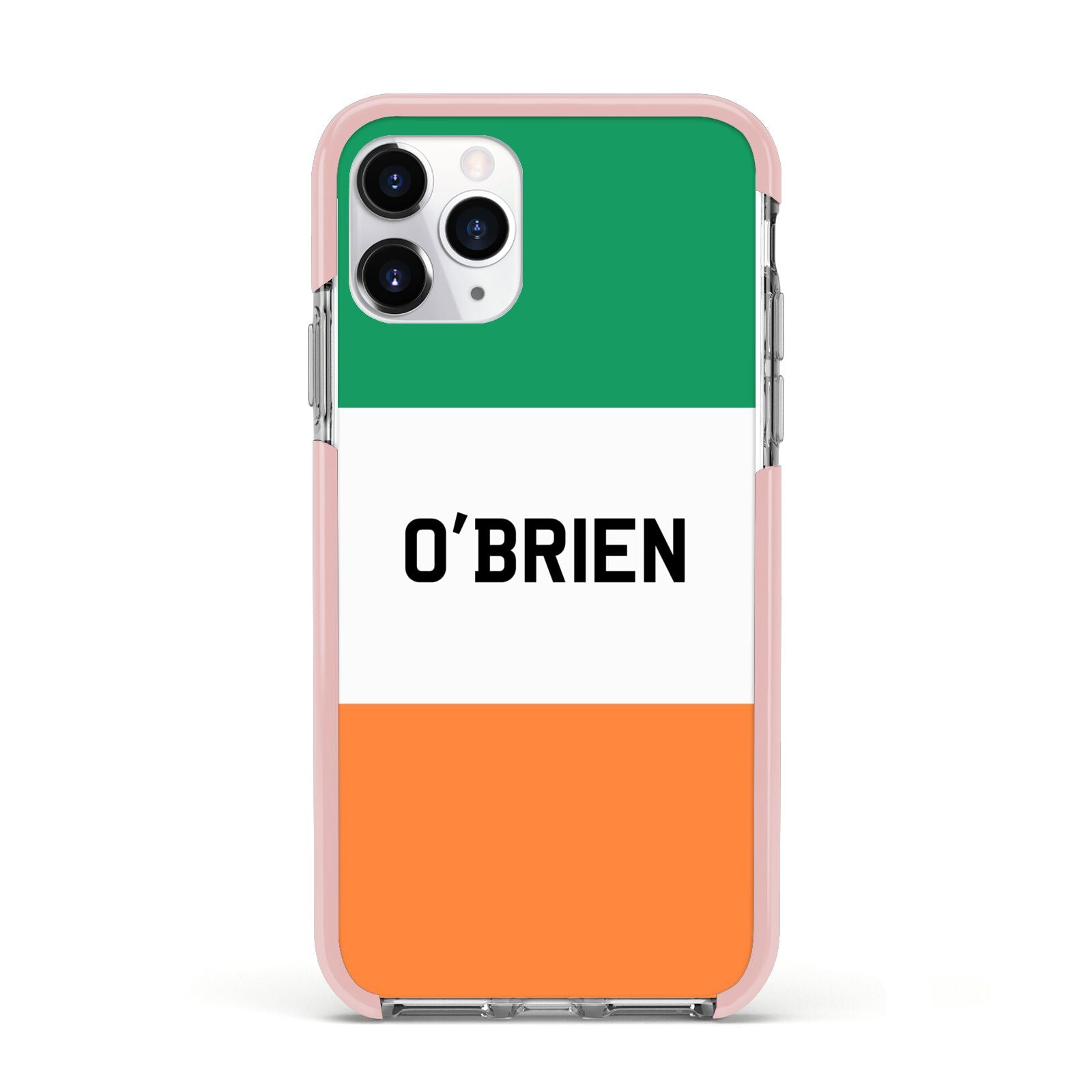 Irish Flag Personalised Name Apple iPhone 11 Pro in Silver with Pink Impact Case