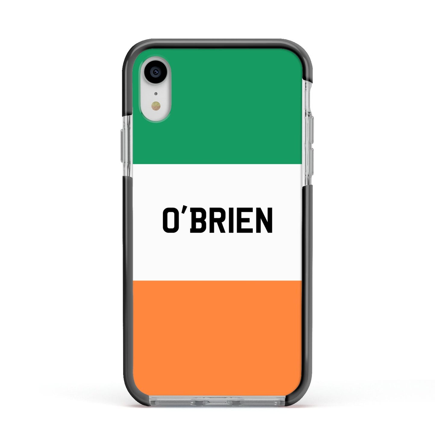 Irish Flag Personalised Name Apple iPhone XR Impact Case Black Edge on Silver Phone