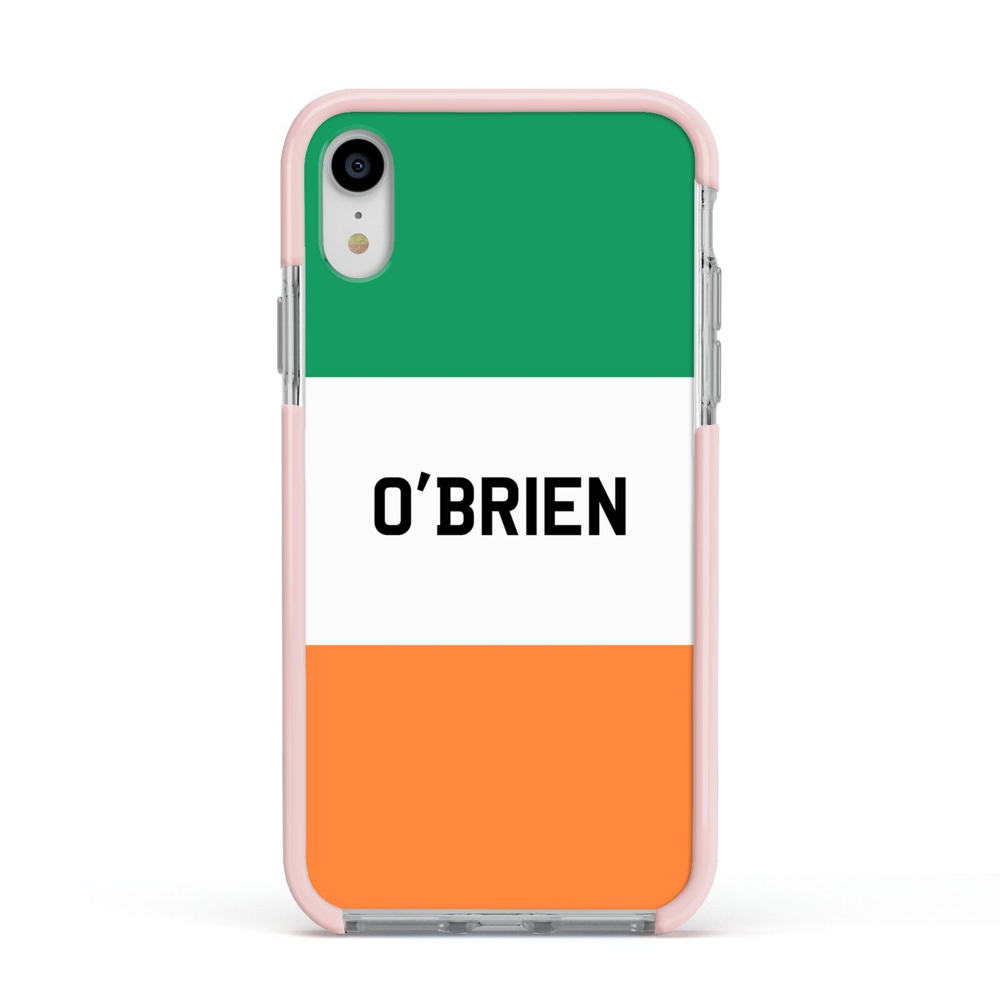 Irish Flag Personalised Name Apple iPhone XR Impact Case Pink Edge on Silver Phone
