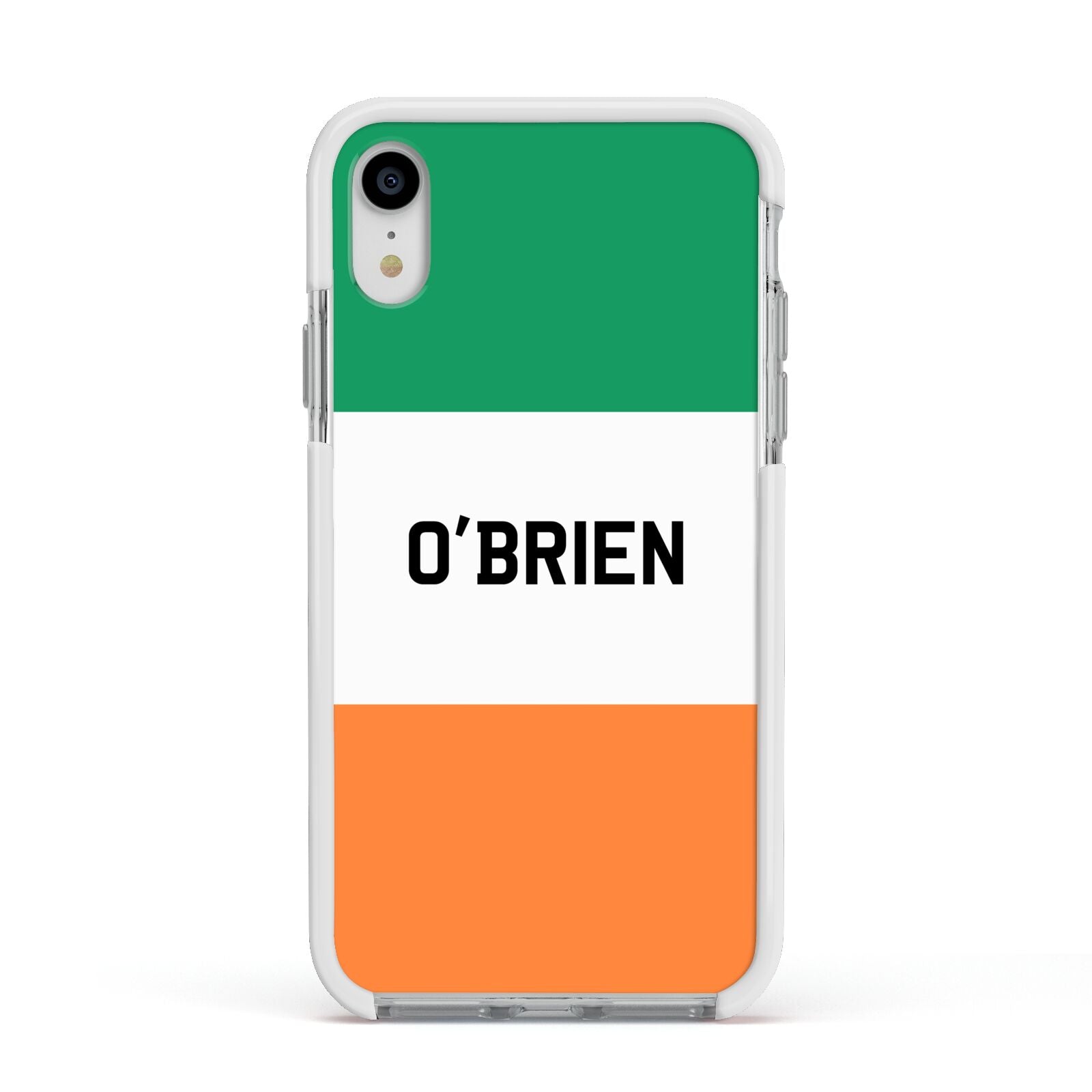 Irish Flag Personalised Name Apple iPhone XR Impact Case White Edge on Silver Phone