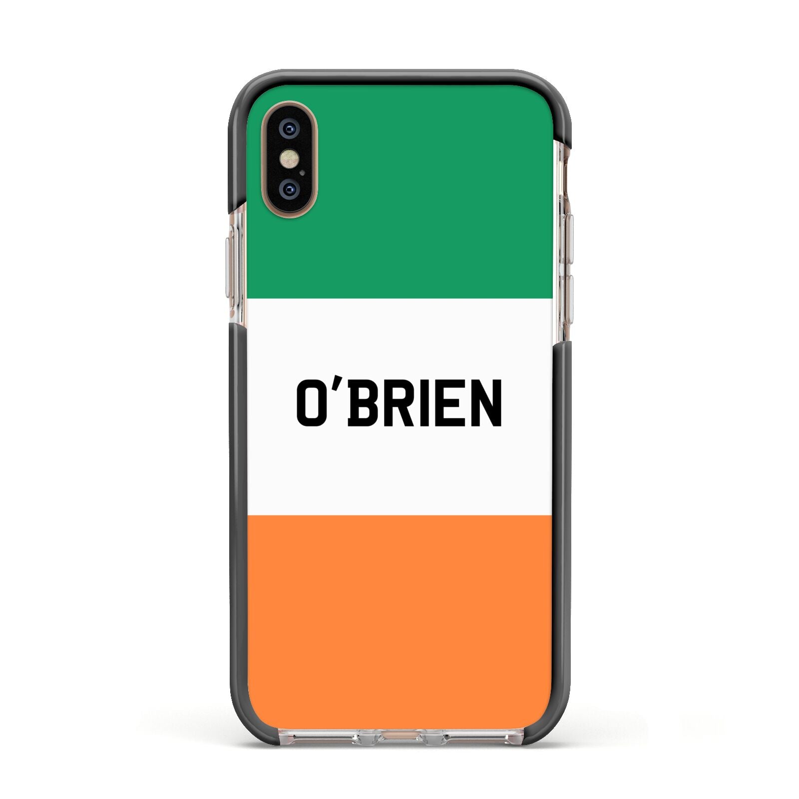 Irish Flag Personalised Name Apple iPhone Xs Impact Case Black Edge on Gold Phone