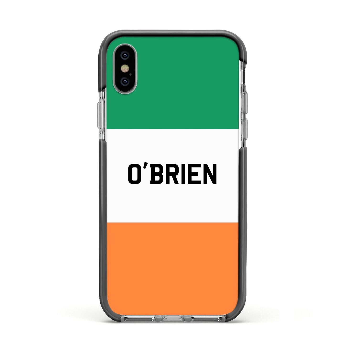 Irish Flag Personalised Name Apple iPhone Xs Impact Case Black Edge on Silver Phone