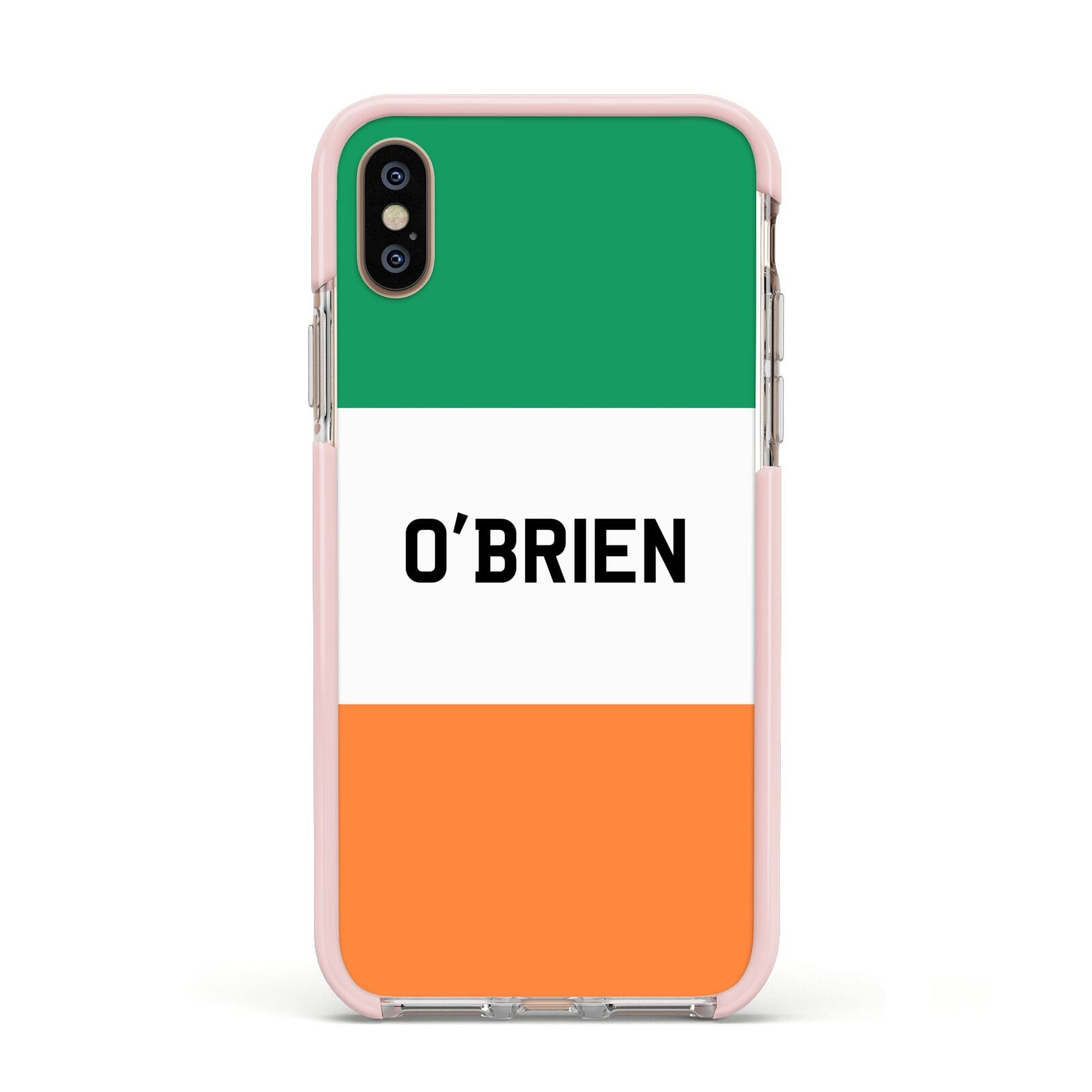 Irish Flag Personalised Name Apple iPhone Xs Impact Case Pink Edge on Gold Phone