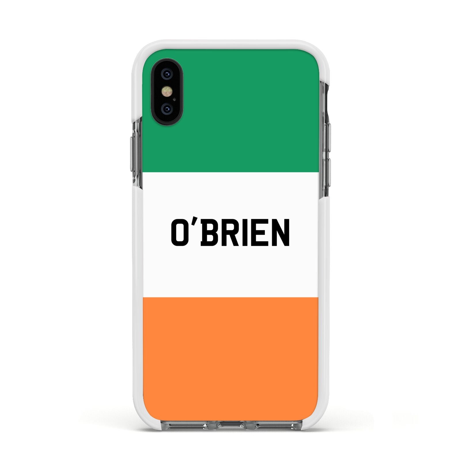 Irish Flag Personalised Name Apple iPhone Xs Impact Case White Edge on Black Phone
